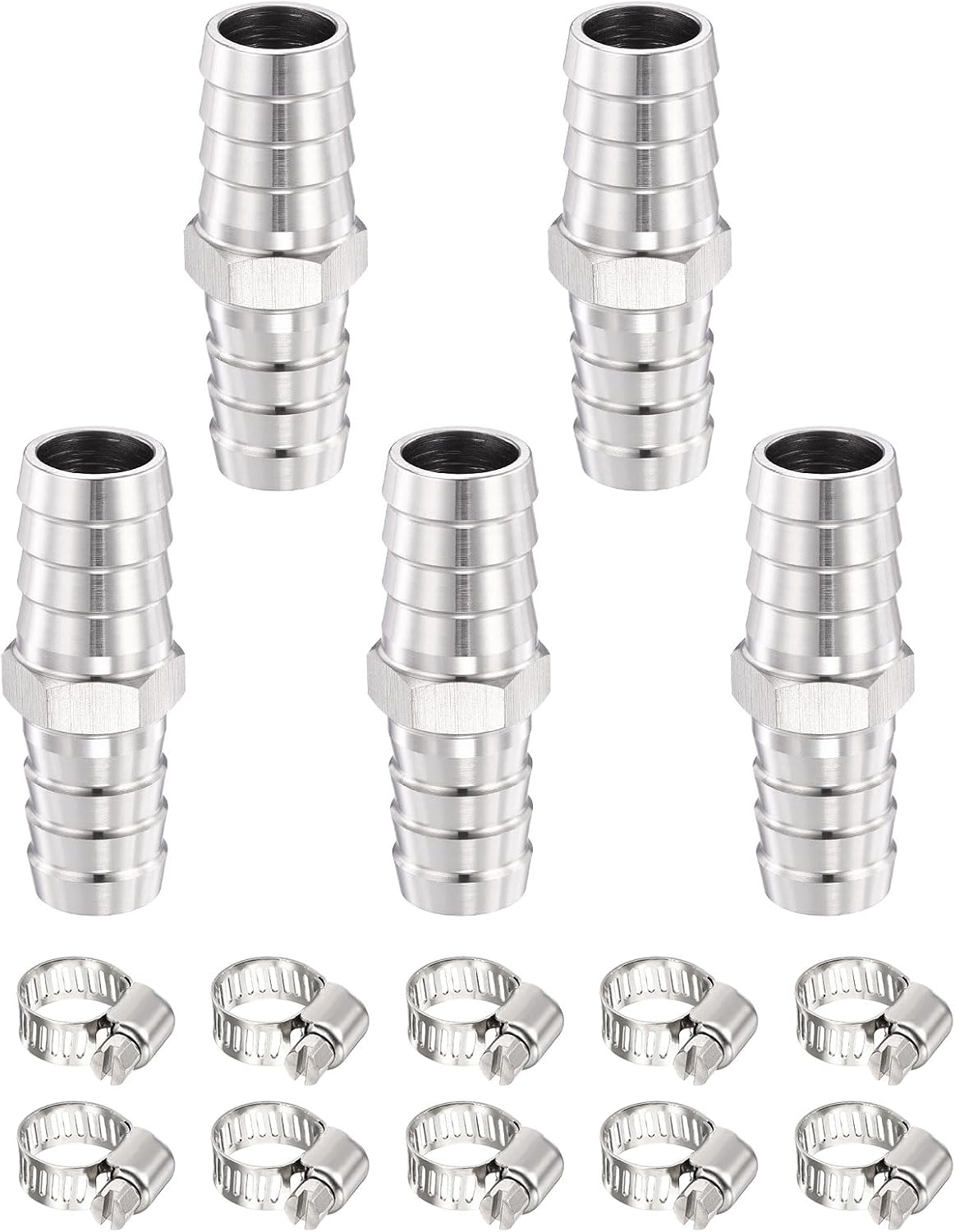 METALLIXITY 5pcs 304 Stainless Steel Hose Barb to Adapter 5/8" Barb x 1/2" with 10pcs Hose Clamp for Automotive, Motorcycle, Marine, Truck, RV Fuel Systems