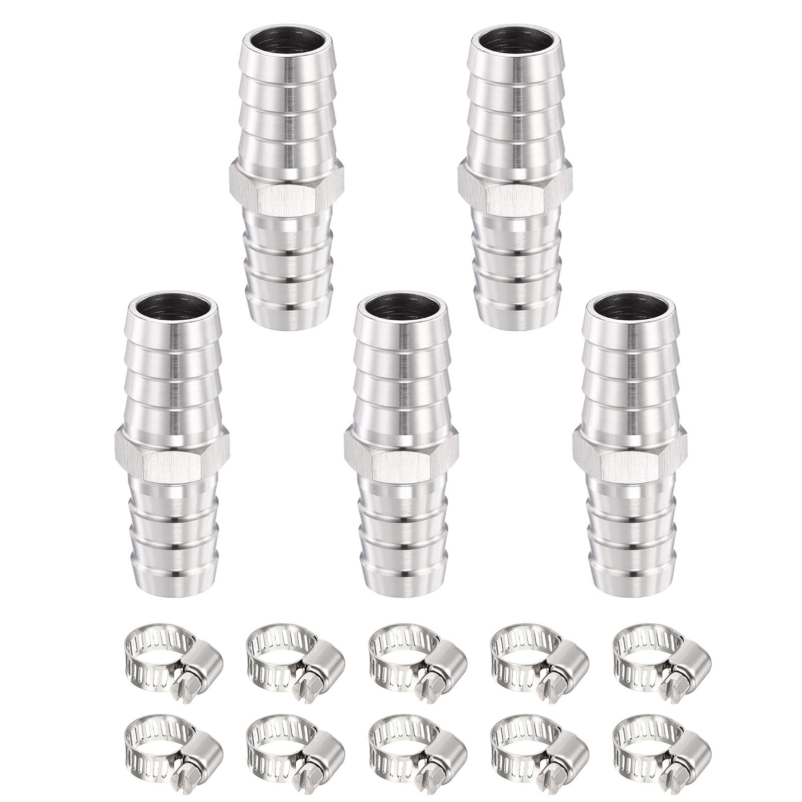 METALLIXITY 5pcs 304 Stainless Steel Hose Barb to Adapter 5/8"(16mm) Barb x 1/2"(15mm) with 10pcs Hose Clamp for Automotive, Motorcycle, Marine, Truck, RV Fuel Systems