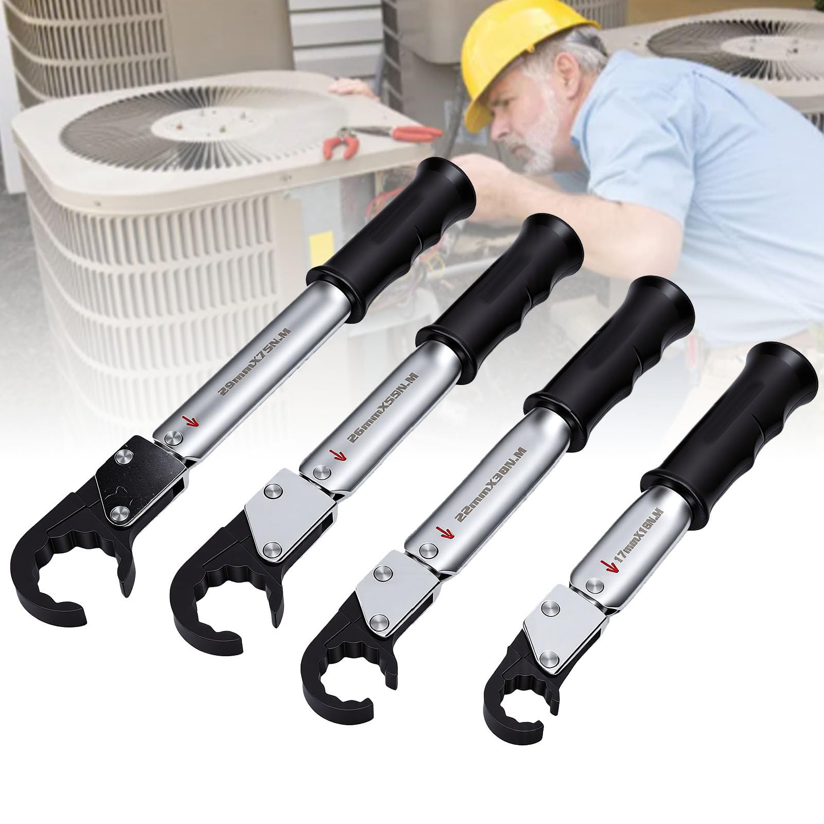 Set di Chiavi Dinamometriche a Cricchetto da 4 Pezzi, per la | Costruzione in Acciaio Legato, Coppia Preimpostata per Refrigerante R410A R32, Strumento per Dadi Svasati per il Settore