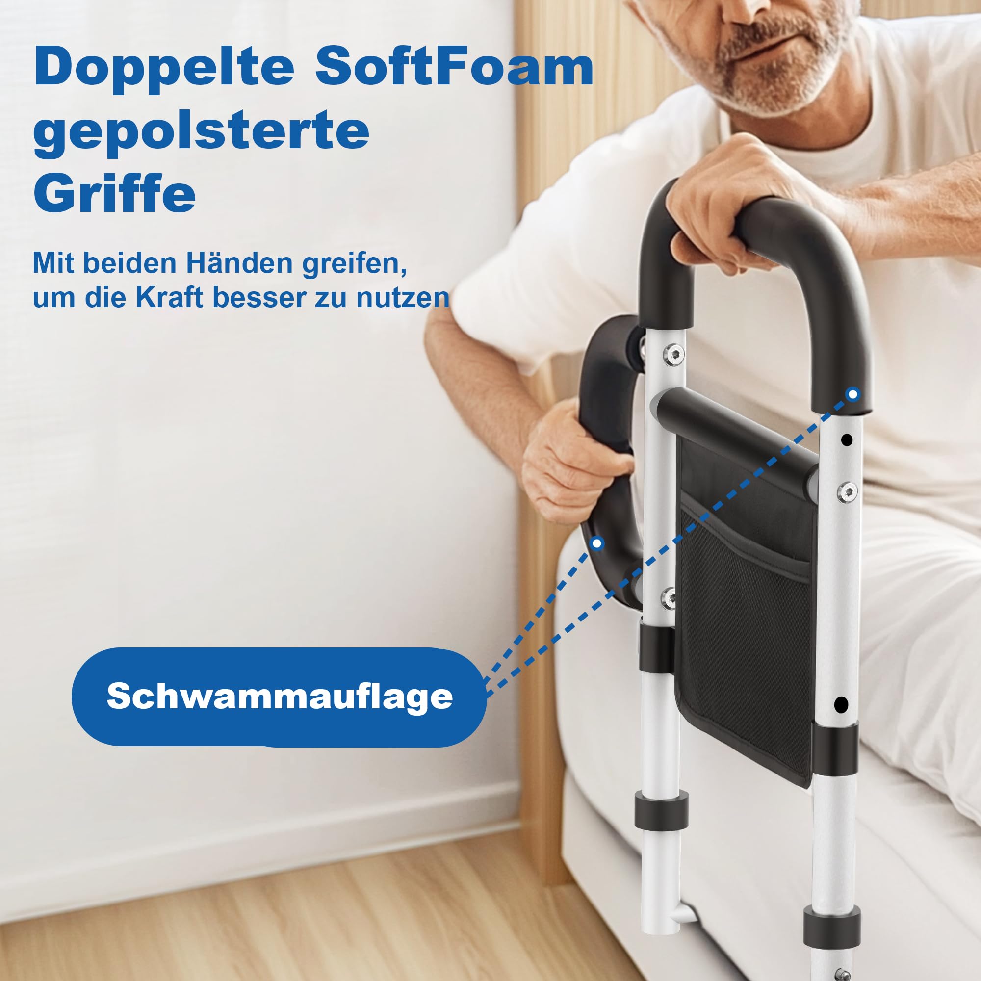 Aufstehhilfe Bett,Haltegriffe für Senioren,Bett Einstiegshilfe Höhenverstellbar 160kg,Abnehmbare Armlehnen & Sicherheitsgurte für alle Arten von Betten | Mit Sturzprophylaxe+Aufbewahrungstasche