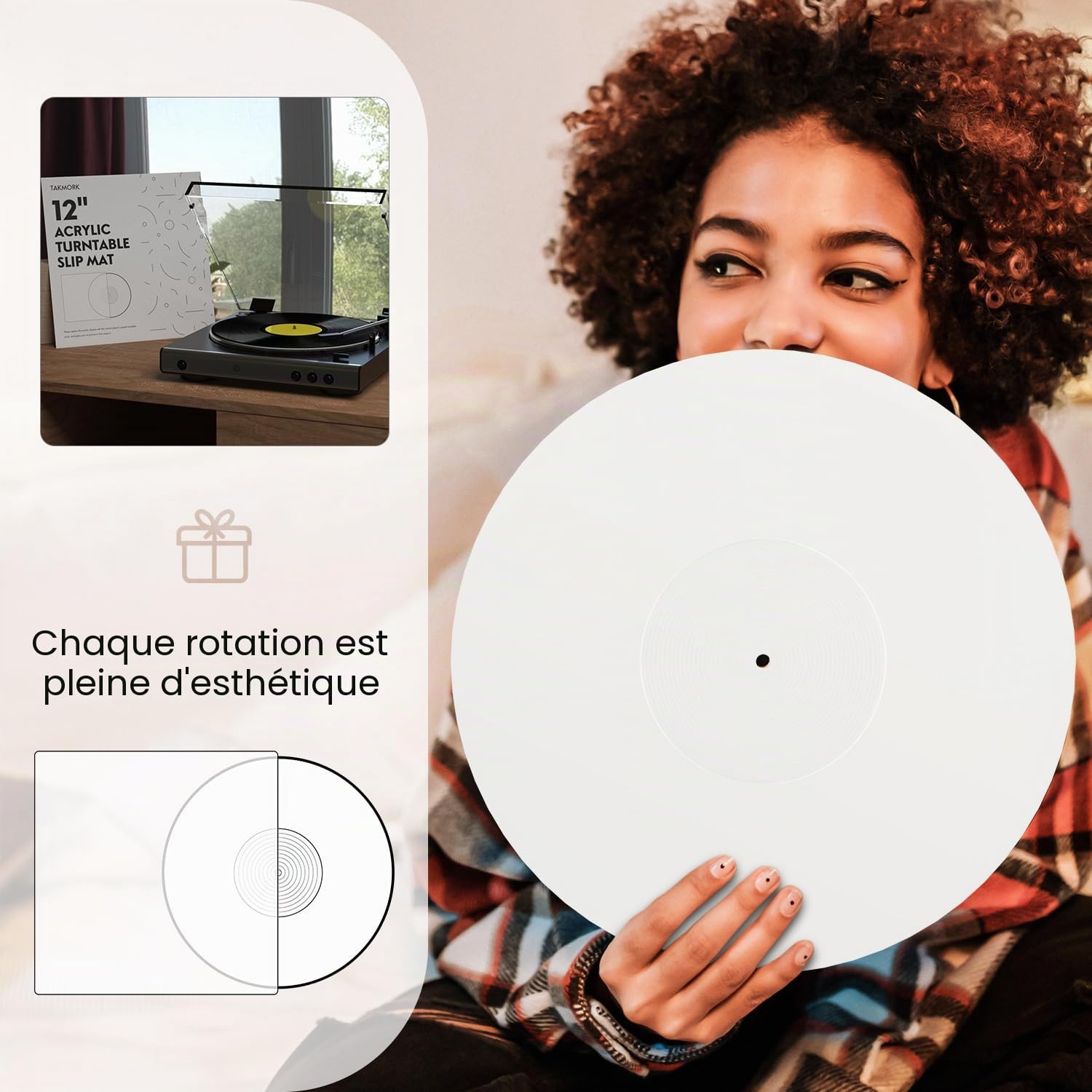 Tapis de platine vinyle pour tourne-disque en acrylique pour tourne-disque antistatique et basse définie, blanc