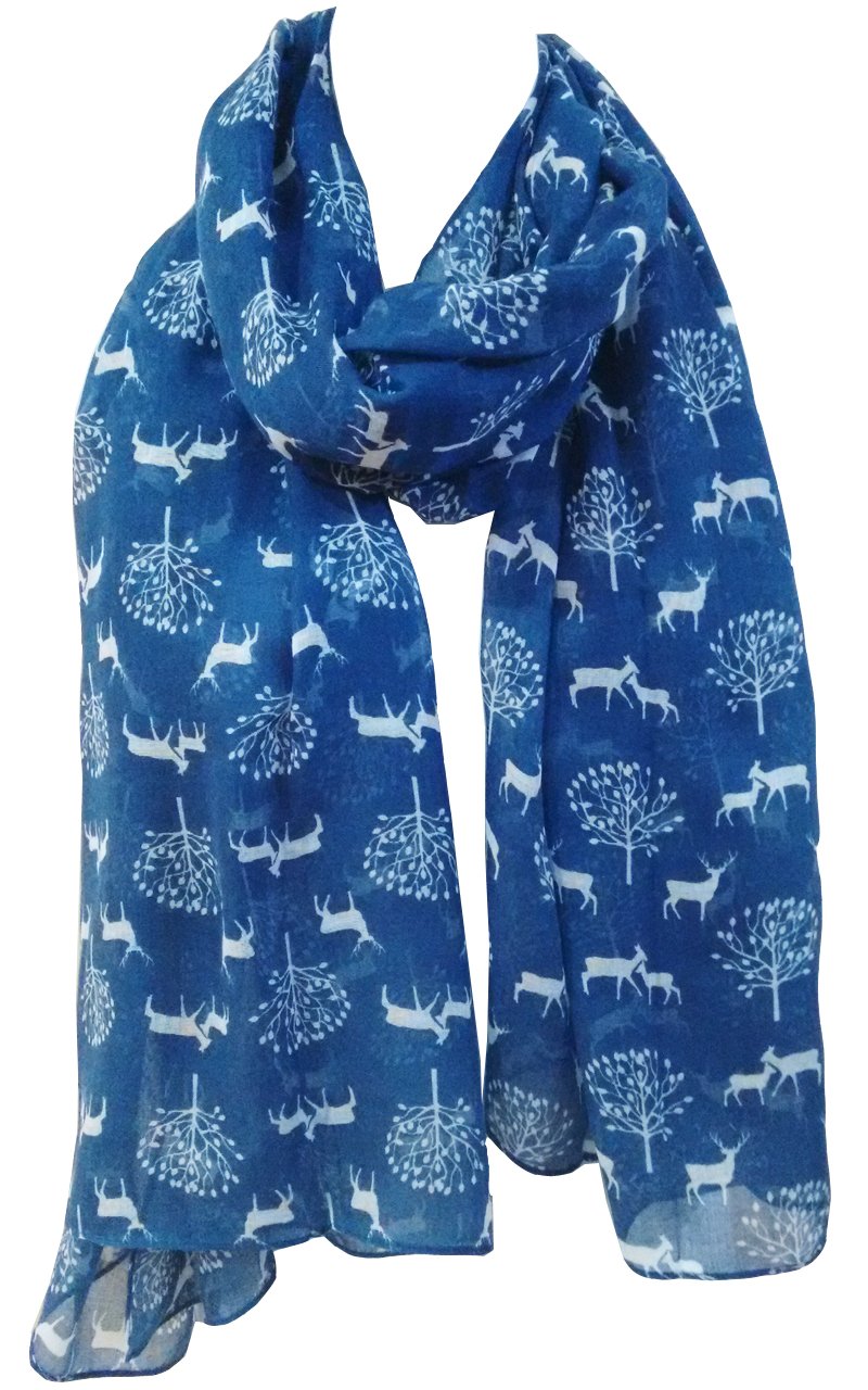 Glamlondon Women's Navy Blue Deer And Trees Scarf Christmas Reindeer Stag Large Festive Party Gift (Navy Blue)