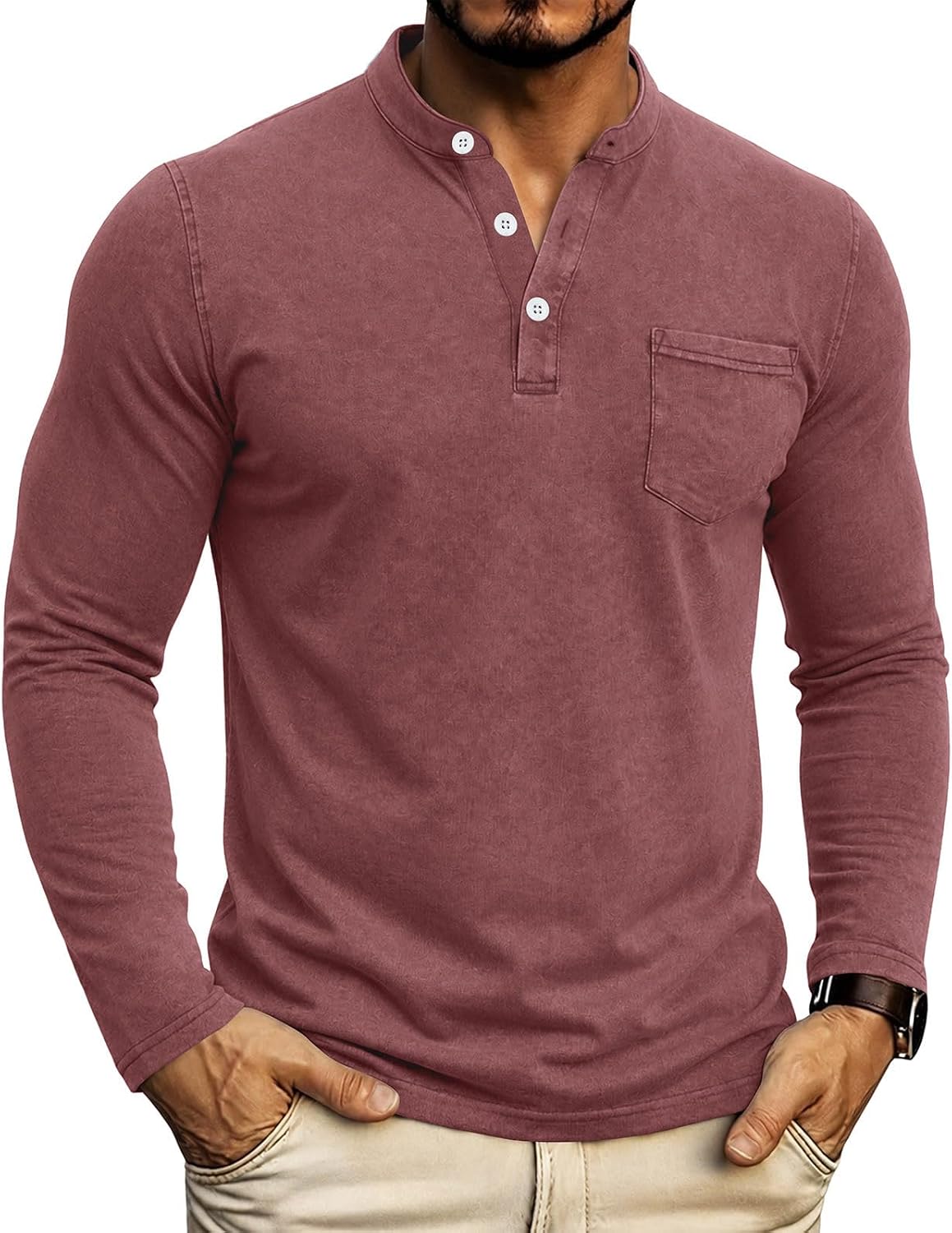 Men Long Sleeve Henley T Shirt Stand Collar Button Placket Shirts