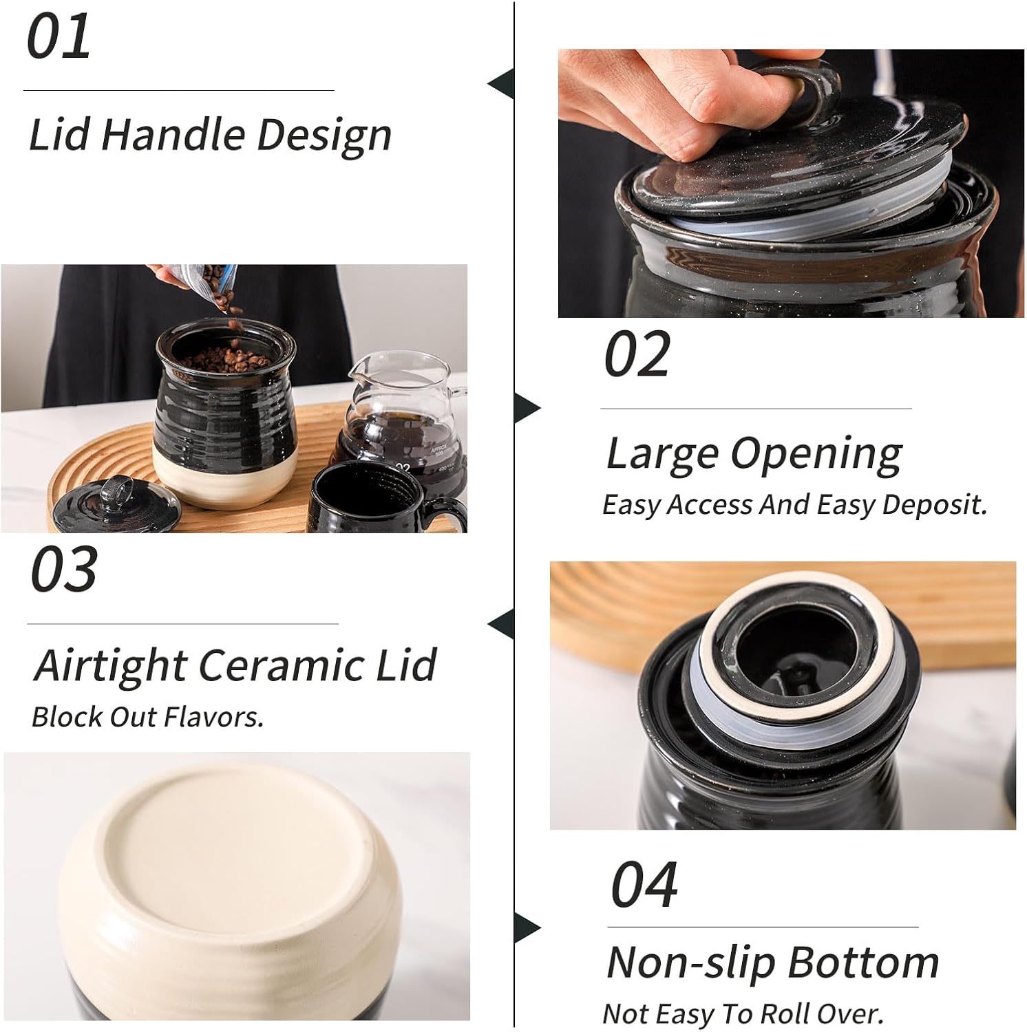 HASENSE Ceramic Food Storage Jar with Airtight Lid, 30 FL Oz Kitchen Canister for Coffee Beans, Tea, Sugar & Candy, Farmhouse Coffee Cookie Container for Kitchen Counter, Black