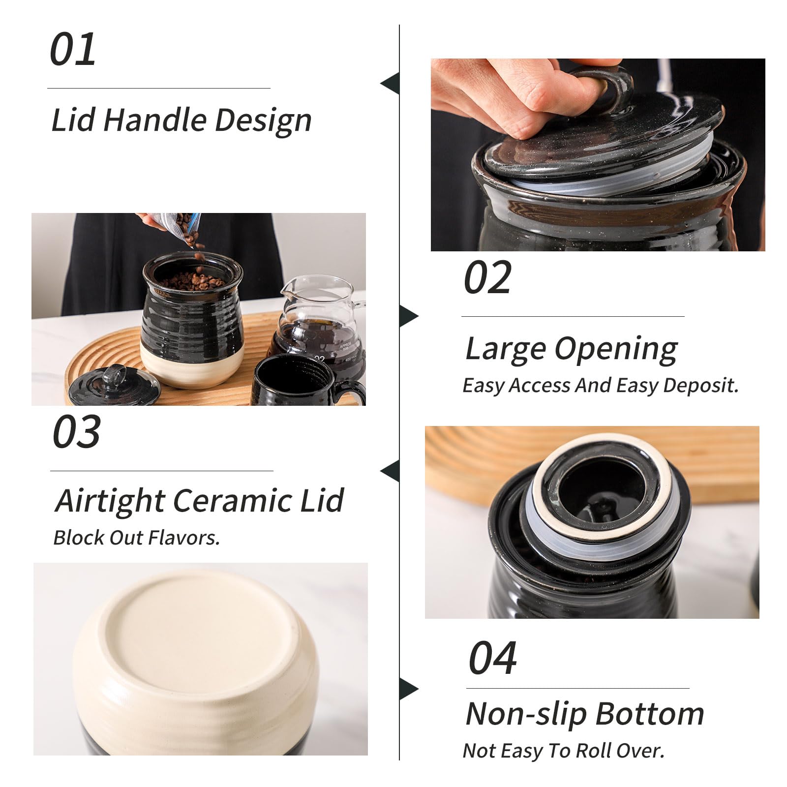 HASENSE Vorratsdose aus Keramik mit luftdichtem Deckel, 1000 ml, Küchenbehälter für Kaffeebohnen, Tee, Zucker und Süßigkeiten, Bauernhaus-Kaffee-Plätzchen-Behälter für Küchentheke, Schwarz