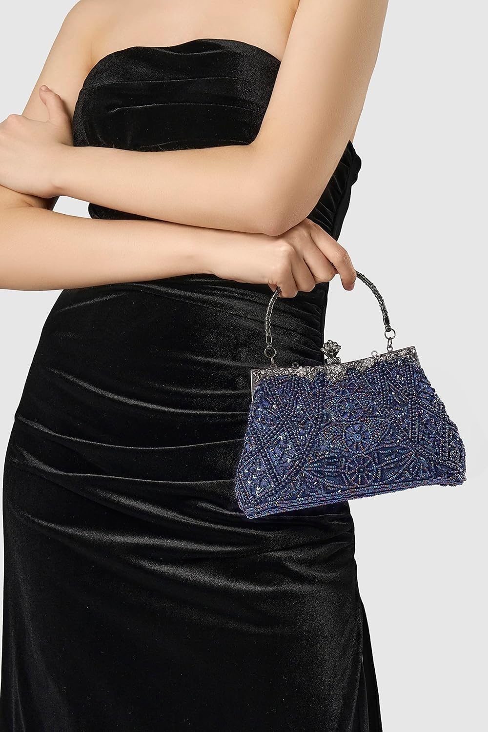 Vintage Floral Beaded Rhinestone sequins Embroidery Clutch Bag Evening Handbag for Bridal Wedding Party Prom