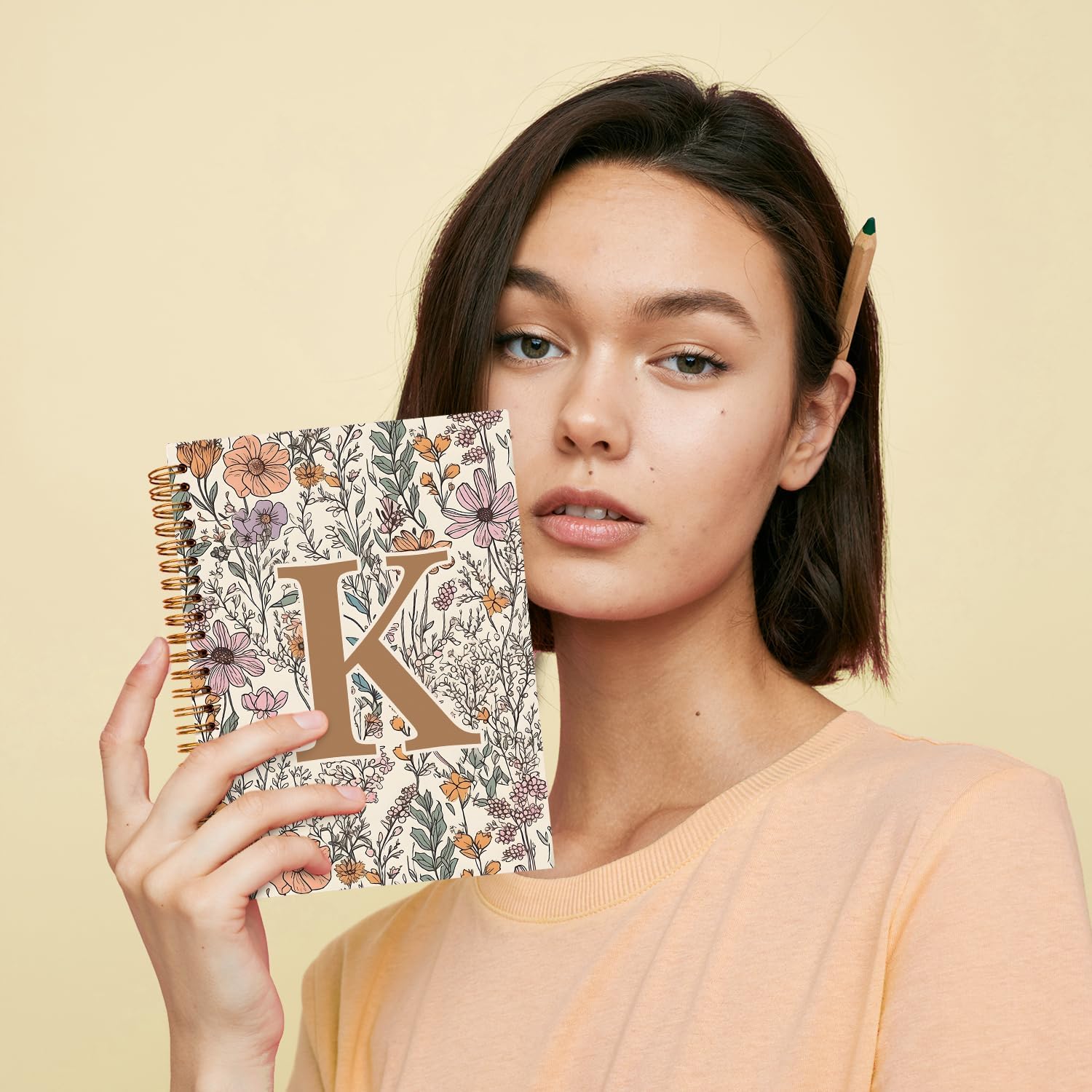 JXREQ Vintage Boho Floral Personalized Notebook, Initial Letter K Notebook Journal, Monogram Notebook, Monogrammed Gifts for Women, Boho Office Supplies, Flower Spiral Notebook 5.5x8.3 - Image 4