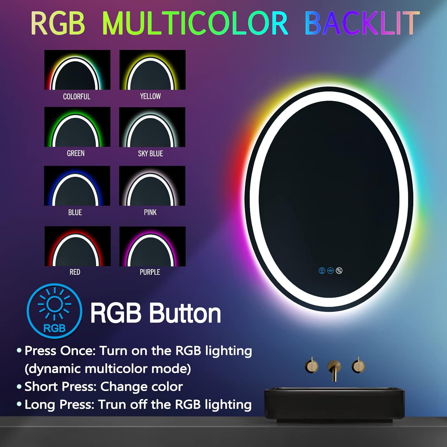 32 x 24 Inch Bathroom LED Oval Mirror with Lights Smart Memory Front & RGB Color Changing Backlit Oval Lighted Mirror for Bathroom Wall 32 Colourful Ovals Vanity Mirror with Lights AntiFog