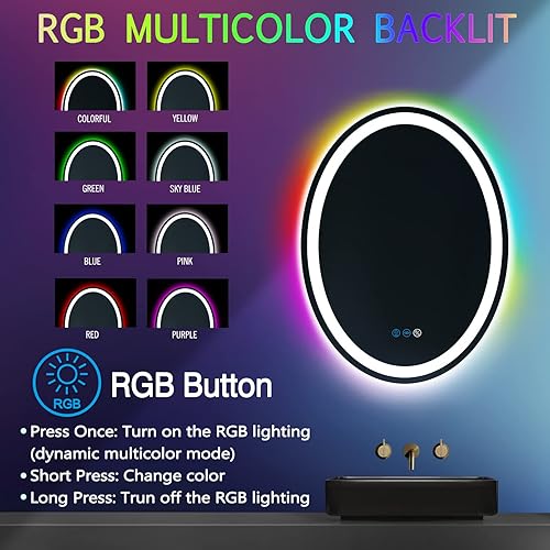 Miniatura 5 de ARUMMA Espejo ovalado de baño de 32 x 24 pulgadas con luces delanteras y retroiluminación RGB que cambian de color, espejo ovalado iluminado para