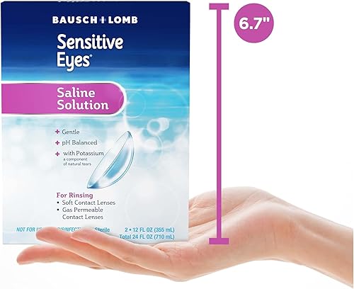 Miniatura 10 de Bausch + Lomb Solución salina para ojos sensibles, enjuague diario suave para lentes de contacto suaves y permeables al gas, con potasio, 12 onzas