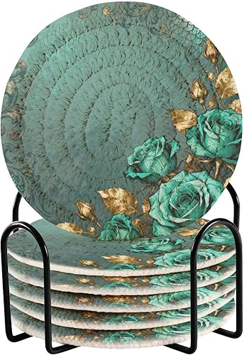 Vintage Teal Roses Coasters and Holder Set of 6 Coasters for Coffee Table Posavasos para Mesa
