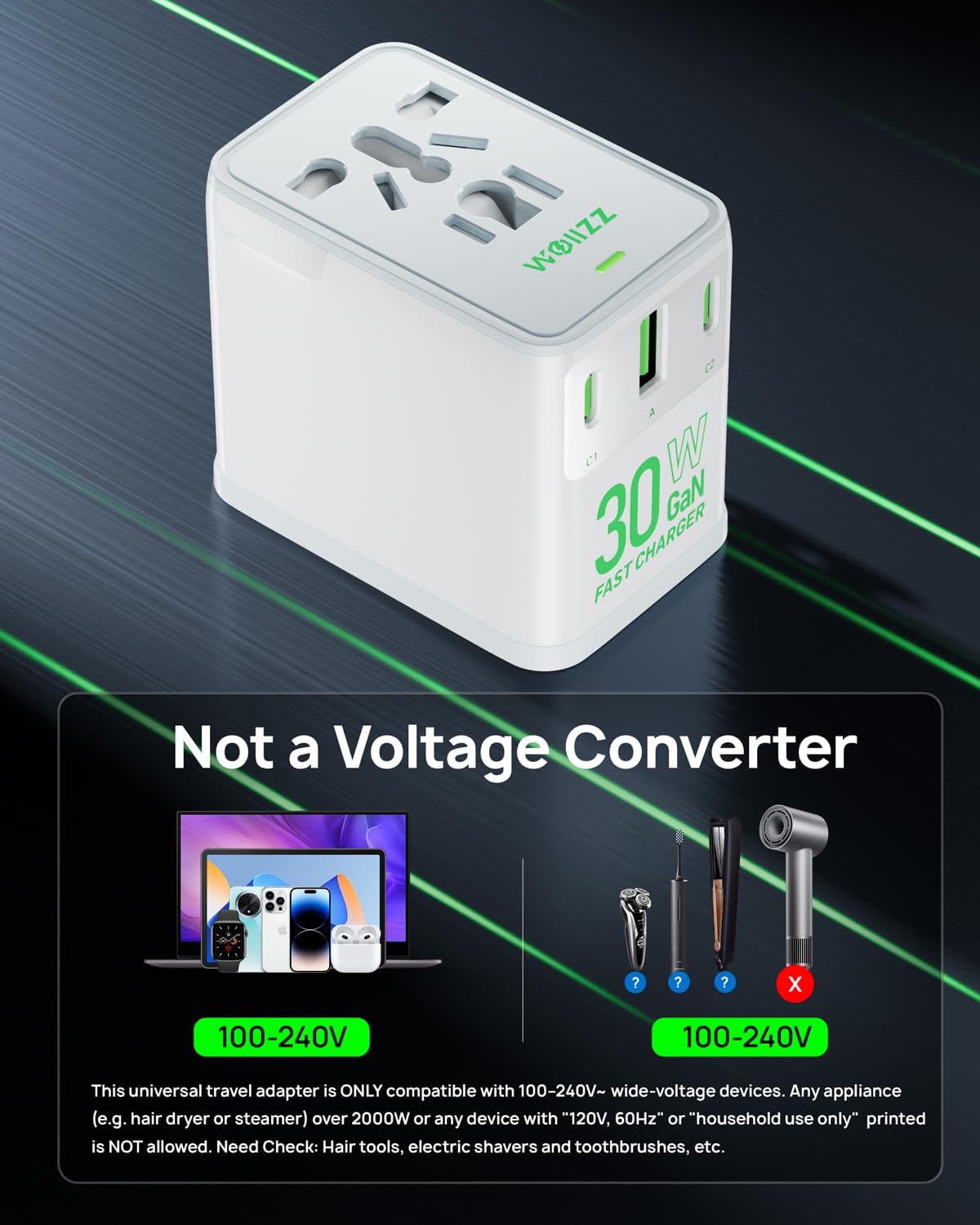 Travel Adapter, 30W GaN Fast Charging European Plug Adapter Worldwide Universal Charger with 4 Ports 1 AC, 1 USB-A, and 2 USB-C Ports Plug Adapter for USA European UK AUS Japan, White