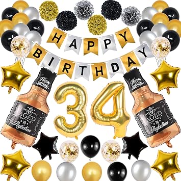 34th Gold Birthday Decorations, Gold Black Silver Happy Birthday Balloons Supplies for Men Women, 34 Birthday Party Set with 34 Gold Number Balloons Happy Birthday Banner