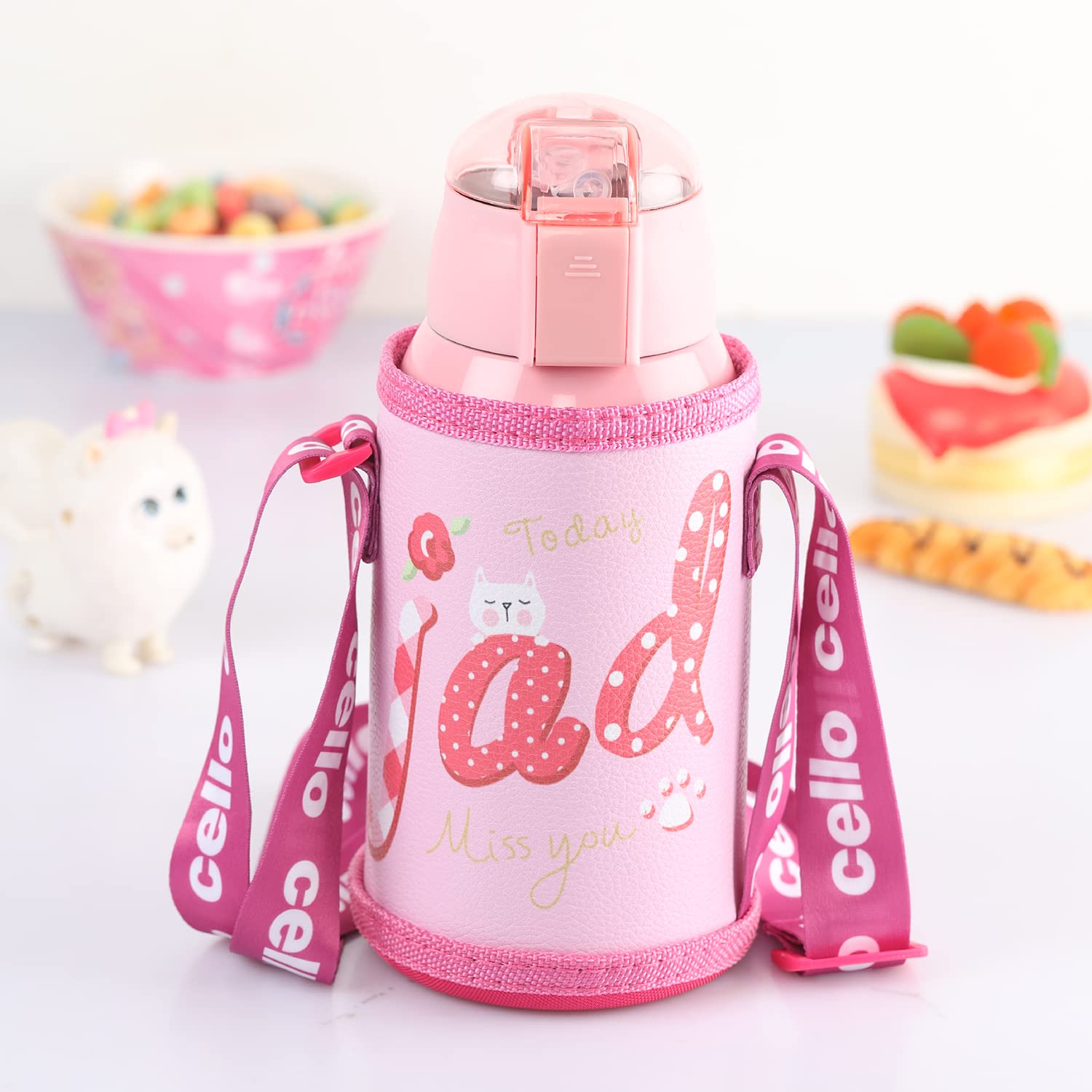 CELLO Kido Hot & Cold Stainless Steel Kids Water Bottle | Double Wall Vaccum Insulation Flask |One Click Push Button to Open | Ideal for School, Sports, Picnics | 500ml, Pink