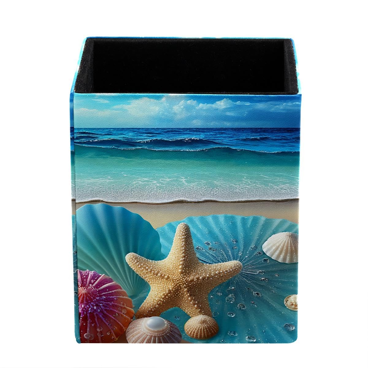 HEOEH Seashell Starfish Pen Holder Pen Pot, Square Pencil Cup for Desk
