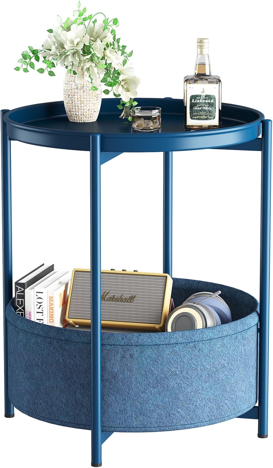 Garden 4 you Side Table with Fabric Storage Basket, Round Metal End Table, Small Bedside Table Nightstand with Removable Tray, for Nursery, Living Room, Bedroom, Bathroom, Blue