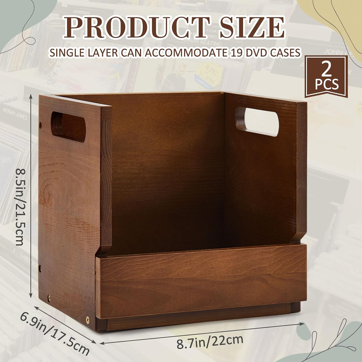 2 Set Wooden DVD Storage Box Small Spaces Friendly, Desktop DVD Organizer Holds up to 26 Cases, Compact Media Storage Shelf with Carrying Handle