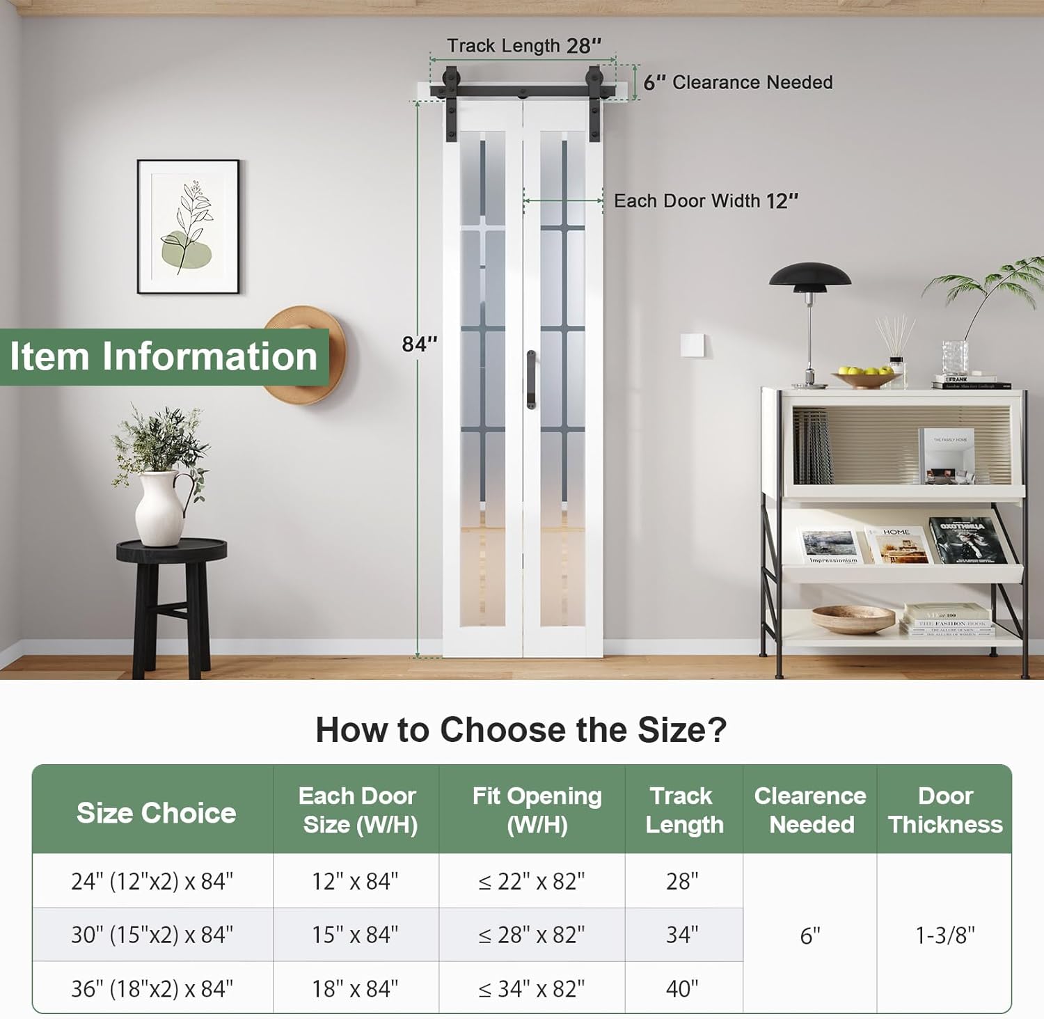 Bifold Barn Door 24x84 Inch (Double 12x84), Preassembled White Frosted Glass Cross Transparent Bifolding Door with 28" Hardware Kit Included, Closet Sliding Wood Panel Slab, Save Space