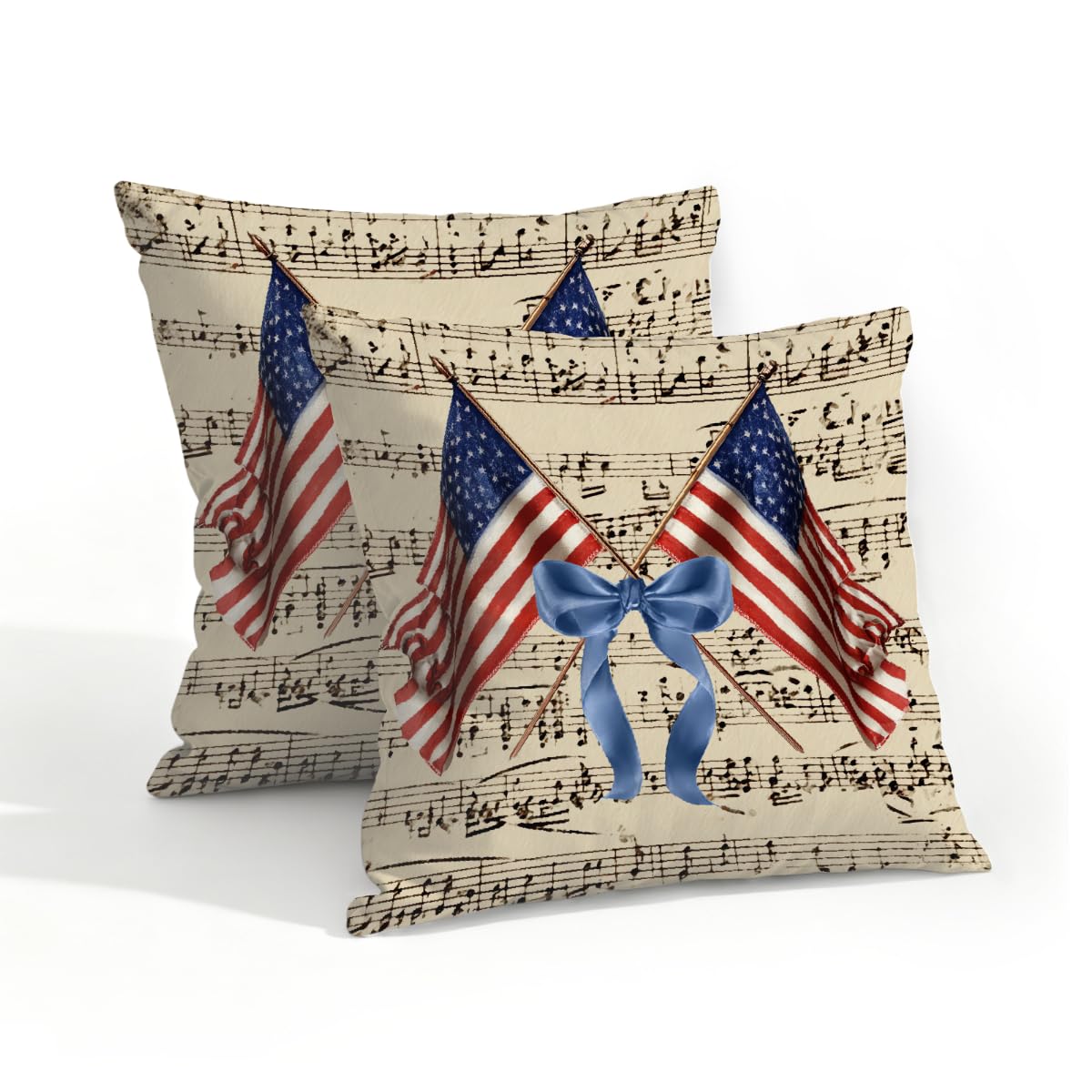 Outdoor Pillow Covers Waterproof Pillowcases 18x18in Set of 2 Patriotic USA Flag Bow On Music Notes Decorative Throw Cushion Case for Couch Sofa Garden Patio Furniture