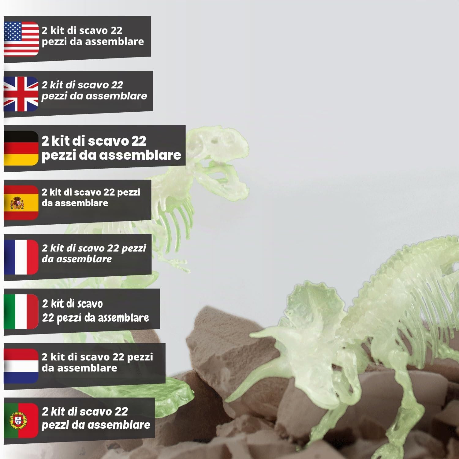 Science4you Kit Dinosauri 2 in 1 - Fossili da Scavare che si Illuminan al Buio di 2 Dinosauri: T Rex e Triceratopo, Scheletro Dinosauro, Giocattoli per Bambini 6 7 8 9+ Anni