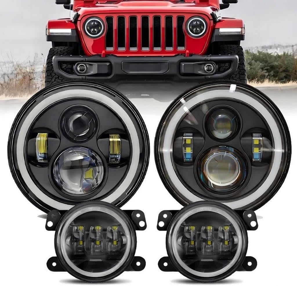 Jeep wrangler headlight,7 Inch LED Halo Headlights for Jeep Wrangler JK JKU TJ LJ CJ 2007–2017, DOT Approved Hi/Lo Beam, White DRL & Amber Turn Signal, 1 Pair, Black