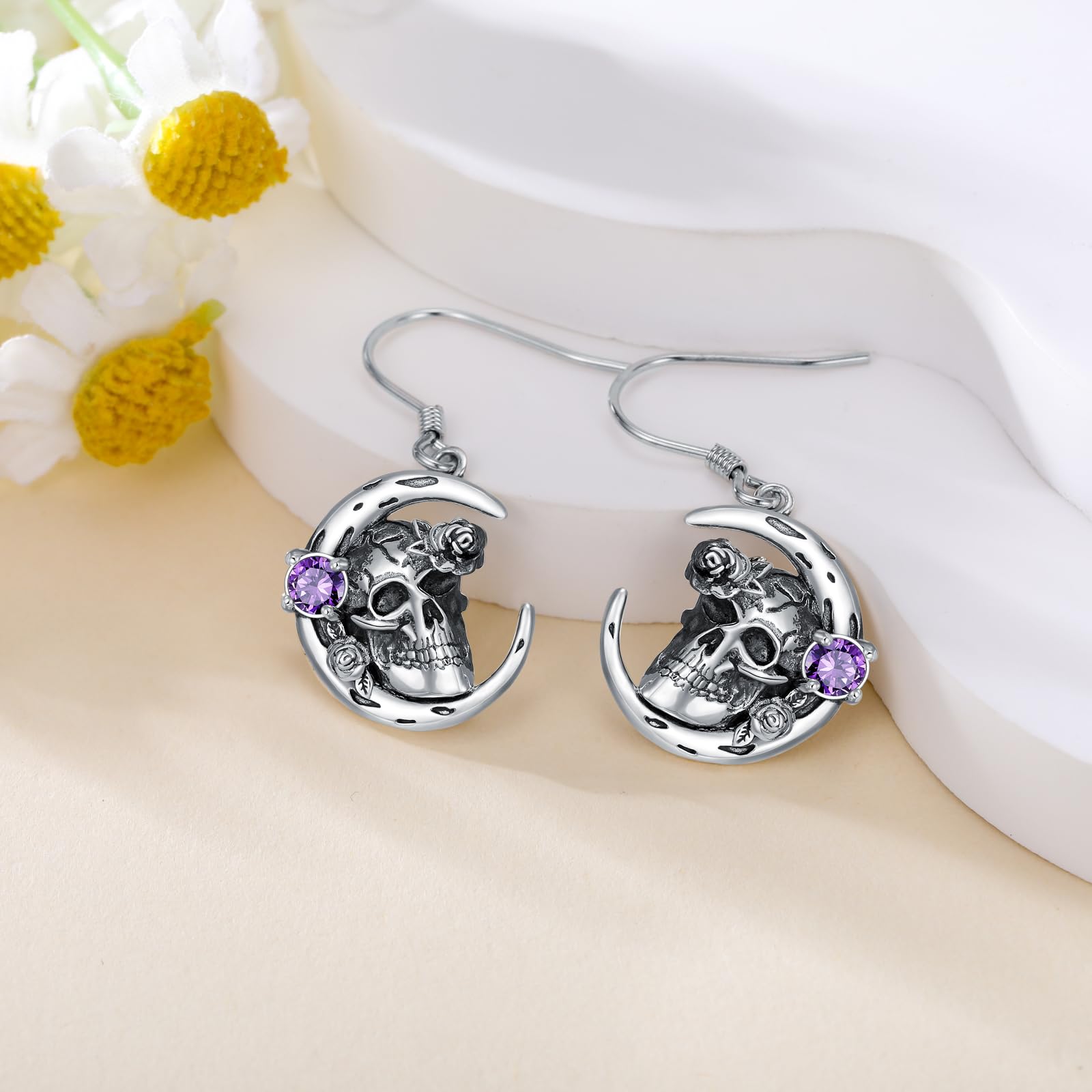 Gothic Moon Skull Rose Drop Earrings, 925 Sterling Silver Natural Amethyst Dangle Earrings, Punk Vintage Jewelry Unique Gift for Women