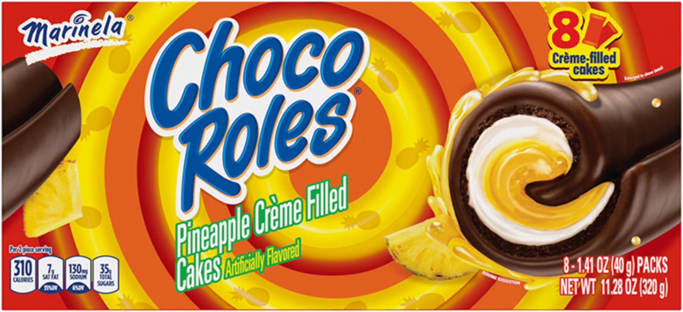 Choco Roles Pineapple and Crème Filled Snack Cakes with Chocolate Coating, Artificially Flavored, 8 Count