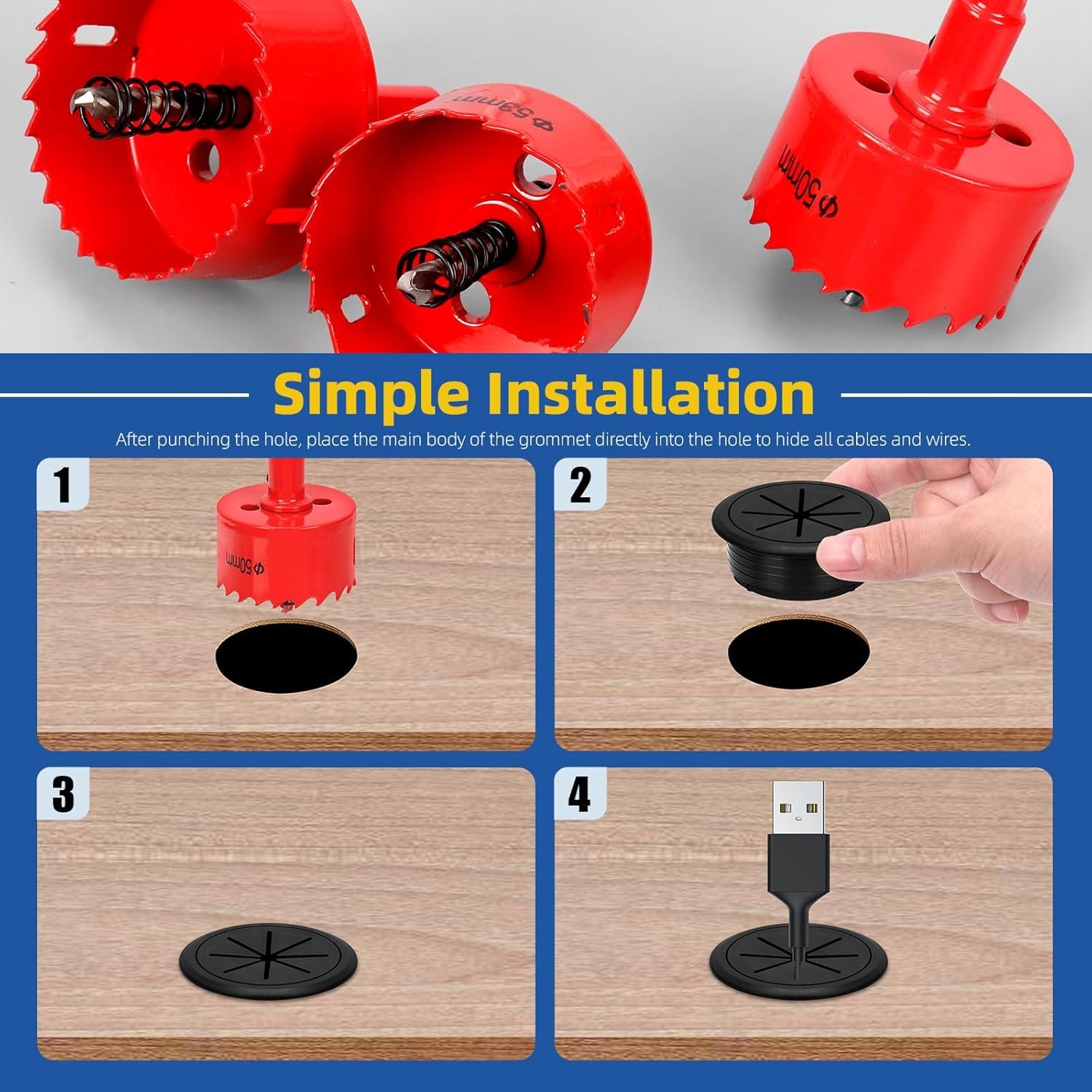 10Pcs Desk Grommet 2 inch/50m,Cable Grommet with Hole Saw & 15 Zip Ties,Desk Hole Grommet Desk Cord Hole Cover Desk Cable Grommet for Office Home Desk Table