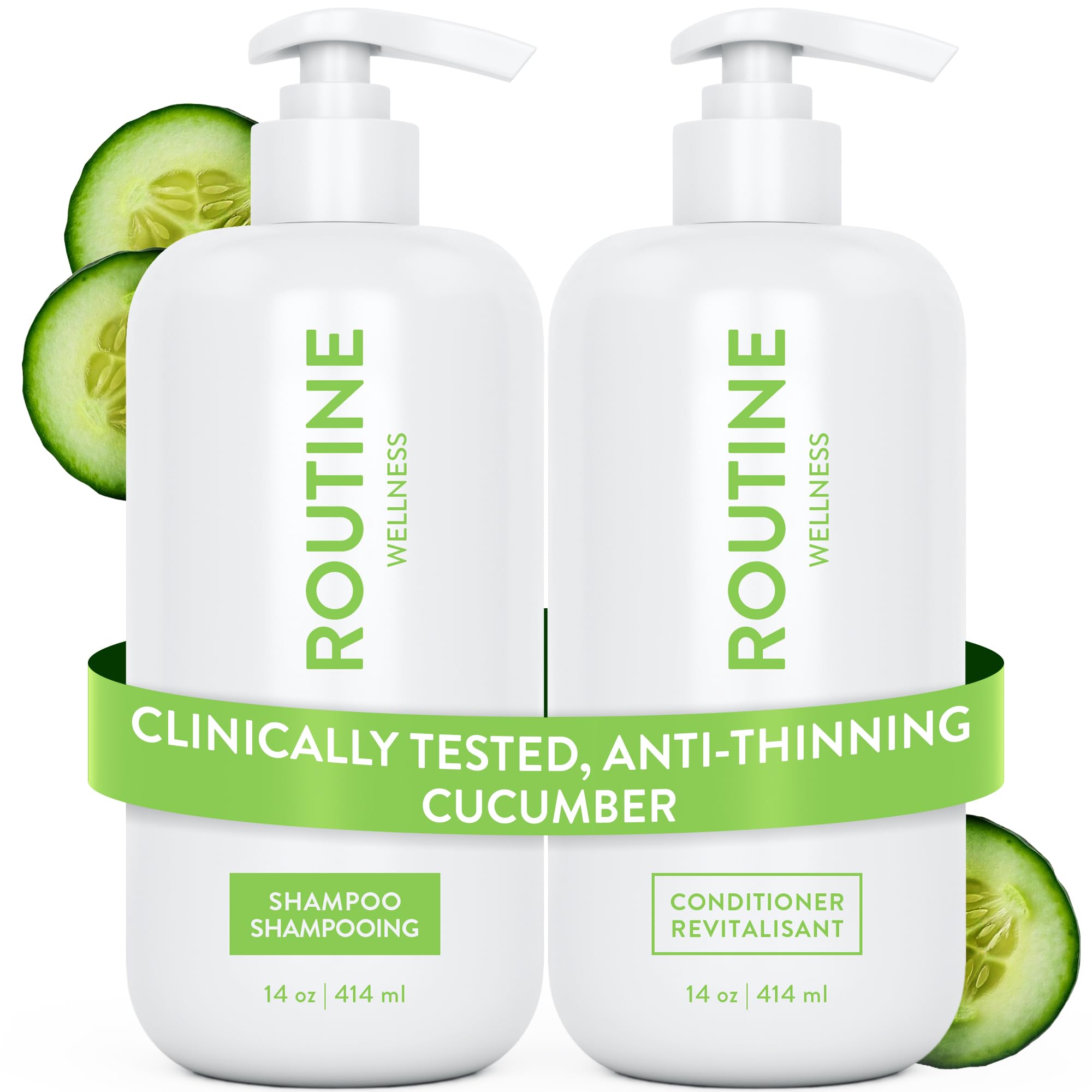 Routine Wellness Shampoo & Conditioner Set - Strengthening & Volumizing for Thinning Hair - Promotes Full, Voluminous, Healthy Hair - Cucumber Set (Pack of 2)