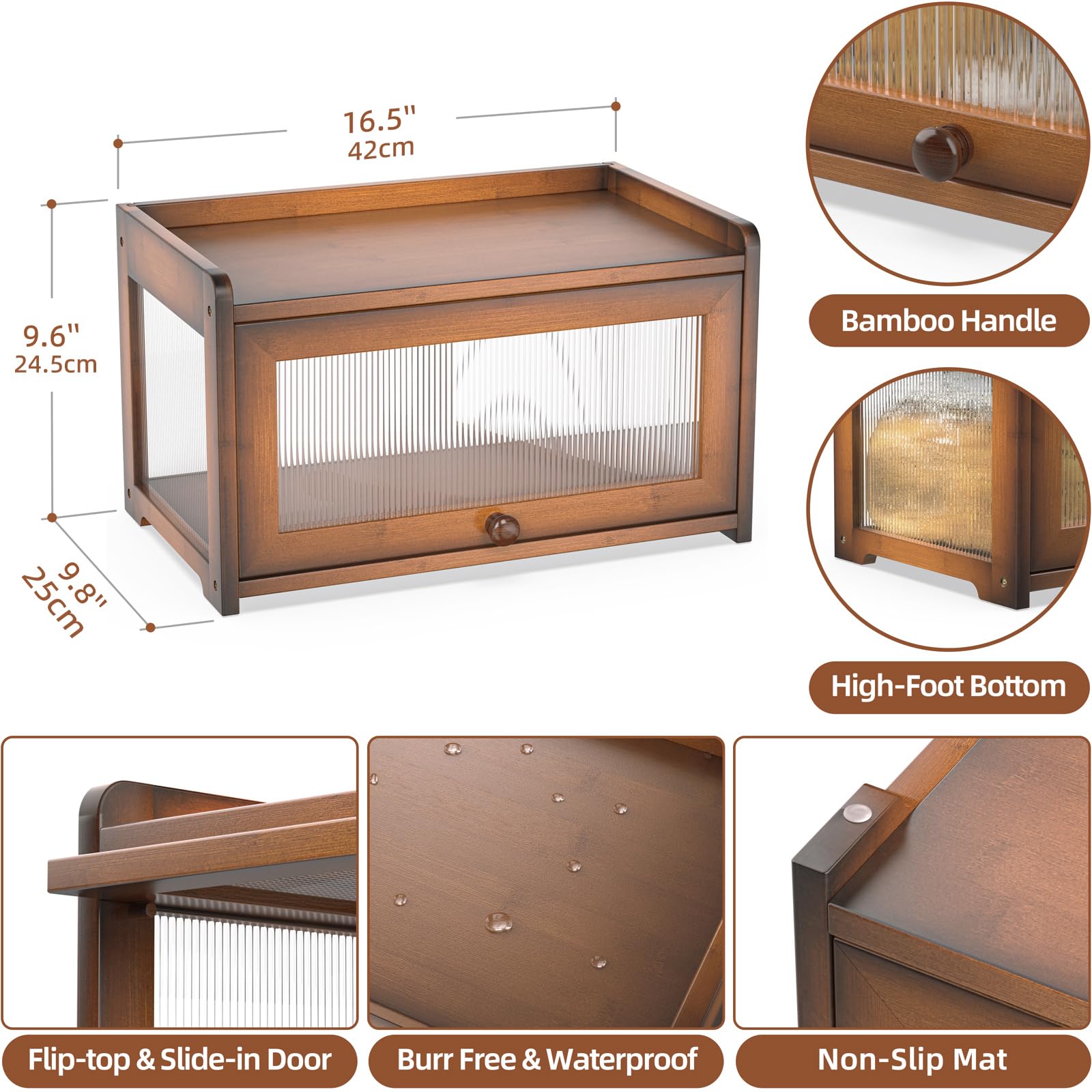 BAMBANG Panera de bambú para encimera de cocina, contenedor de almacenamiento de pan de gran capacidad, caja de pan de granja con 3 lados ondulados y ventana trasera transparente, soporte para panera