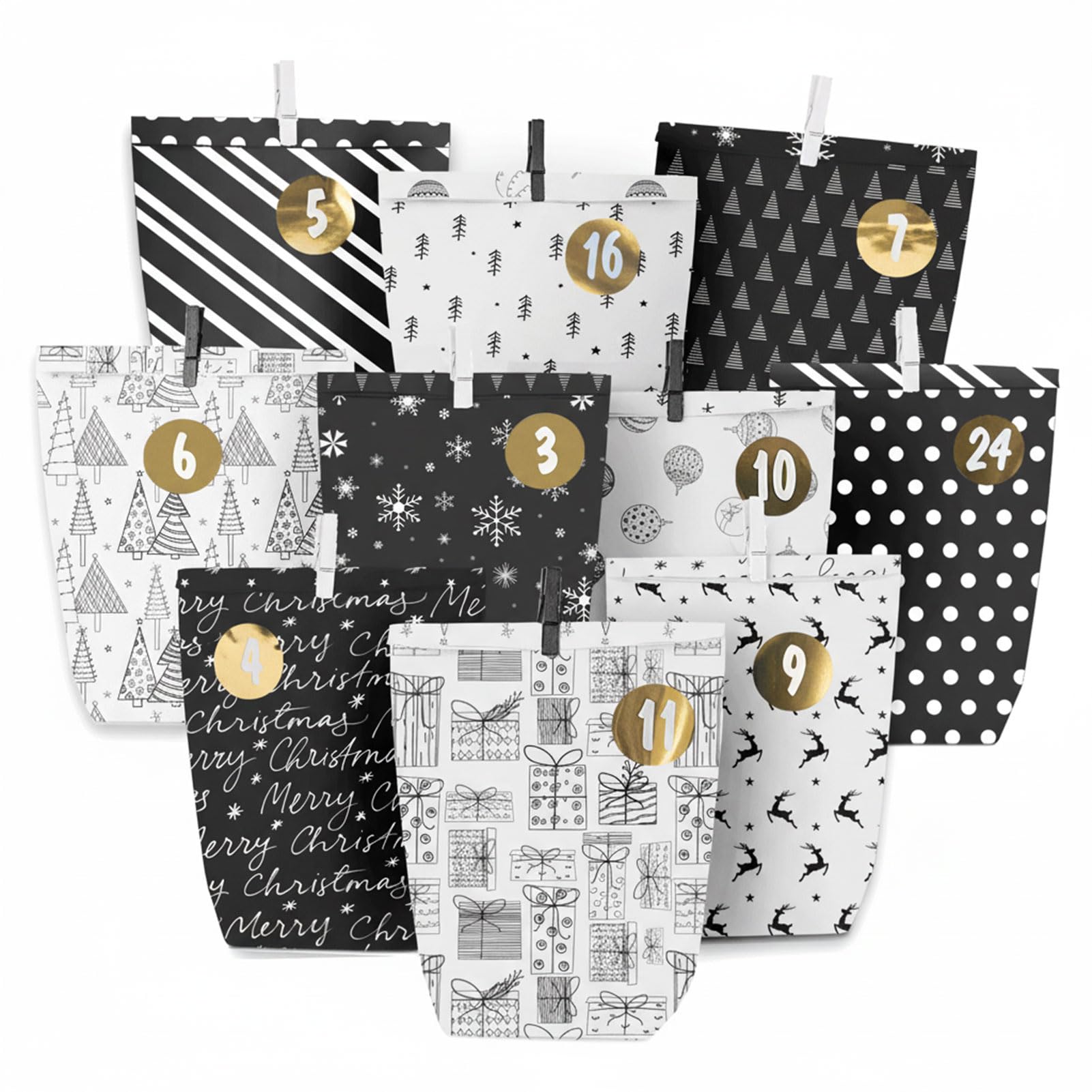 Adventskalender zum Befüllen, 24 Adventstüten zum Basteln, Weihnachtskalender zum Selbstbefüllen, Bedruckt Weihnachtstüten mit Zahlenaufkleber zum selber befuellbar (Schwarz)