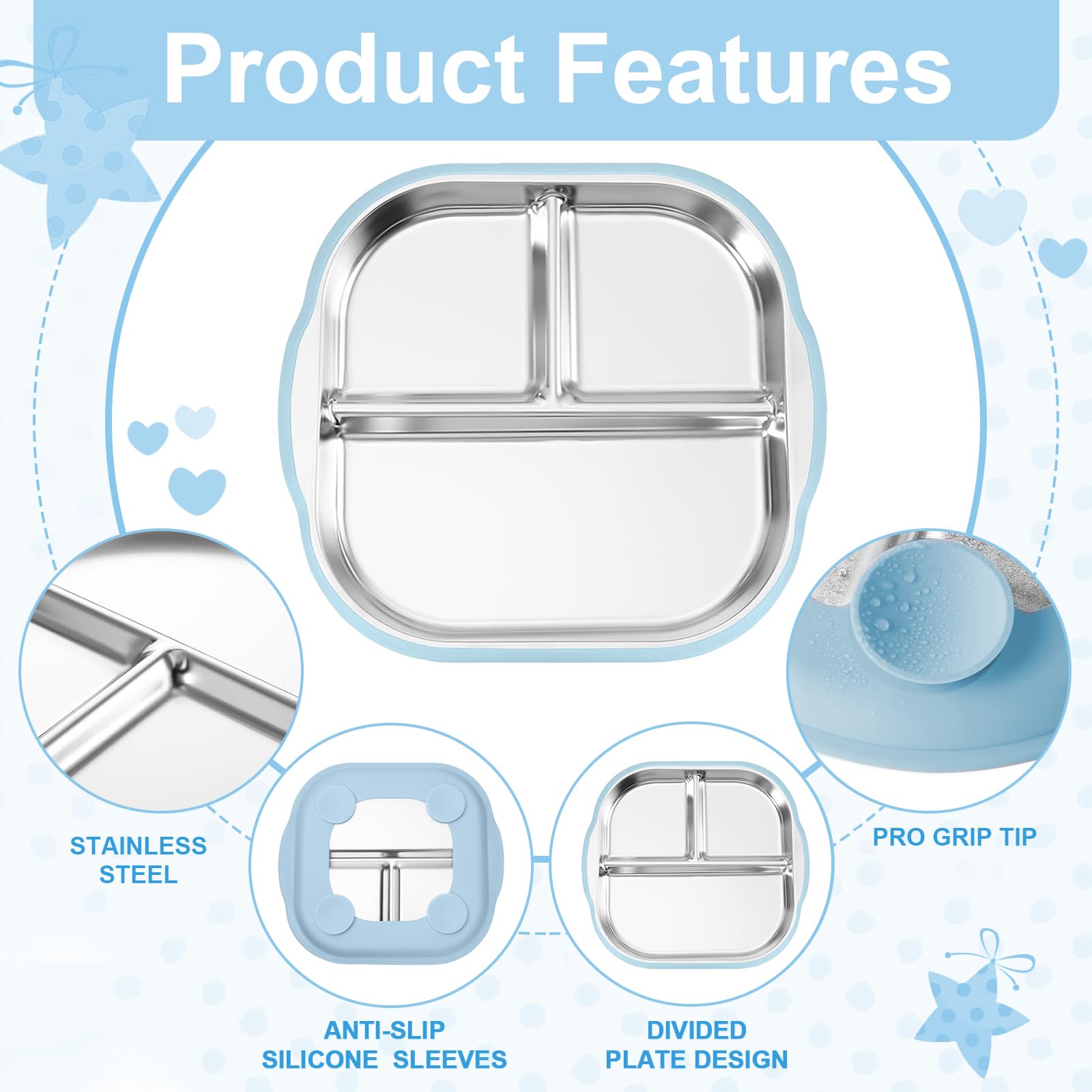 Lot De 2 Assiettes Bébé Avec Ventouses En Acier Inoxydable 304 - 3 Compartiments, Sans BPA, Lavables Au Lave-vaisselle - 5