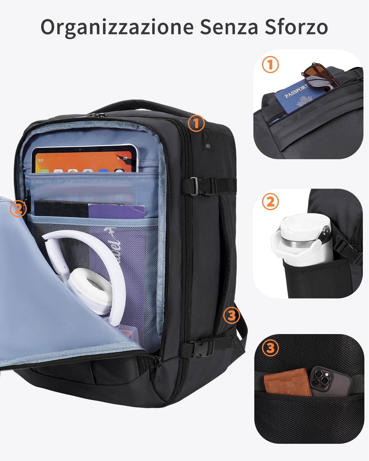 ECOHUB Zaino Ryanair 40x30x20 cm, Bagaglio a Mano 24L, 13 Tasche, Leggero | Tasca Antifurto, Sotto il Sedile, Cerniere SBS, Apertura a 180°, Resistente all'acqua, Materiale Riciclato, per Viaggi Aerei