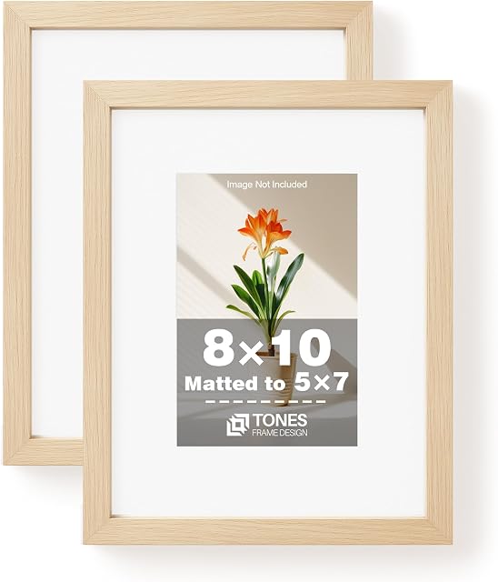TONES FRAME DESIGN 8x10 Picture Frame Set of 2 Natural 8x10 Wooden Frame Matted to 5x7 Wood Veneer Finish 8 x 10 Photo Frame with Shatterproof Plexiglass for Tabletop Wall Display, 2 Pack