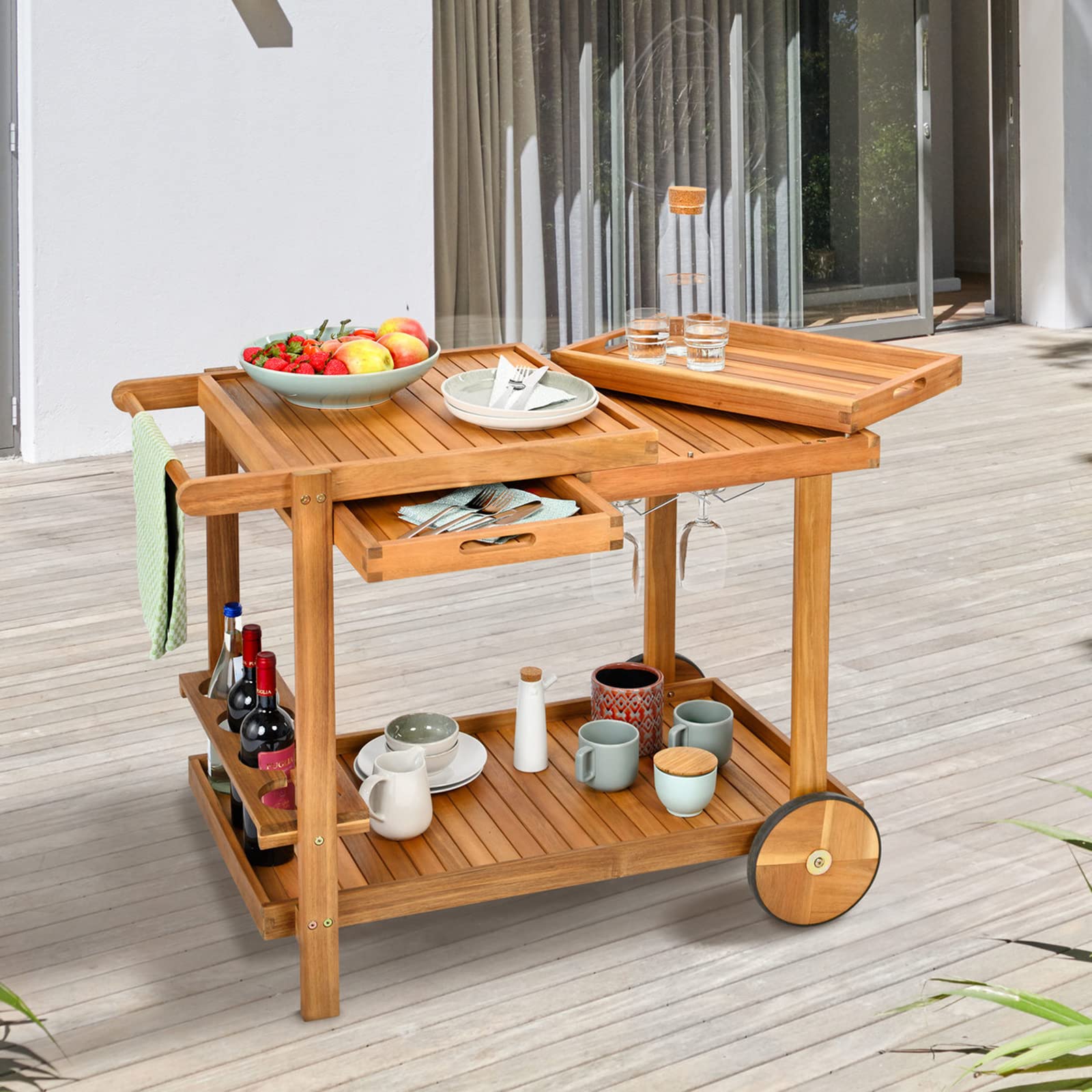 Outdoor Grill Trolley, Servierwagen für Garten, BBQ Beistelltisch, Tisch für Grill mit 2 Tabletts – 100 x 80 x 59 cm, Akazienholz