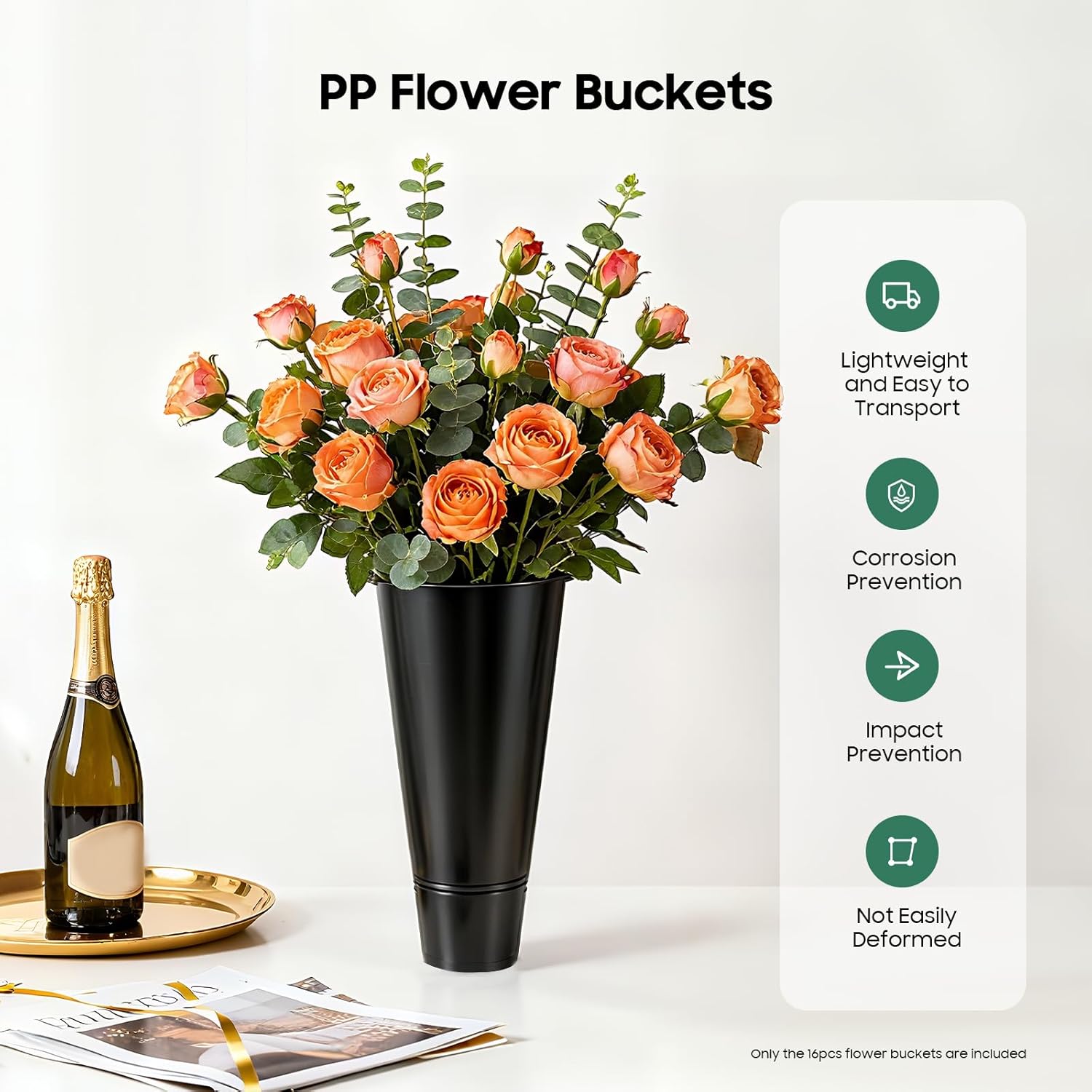 16 PCS Flower Buckets 15.4 Inch Plastic Floral Bucket for Cut Flowers, Modern Round Plastic Vases Flower Display Buckets for Table Home Wedding Decorations