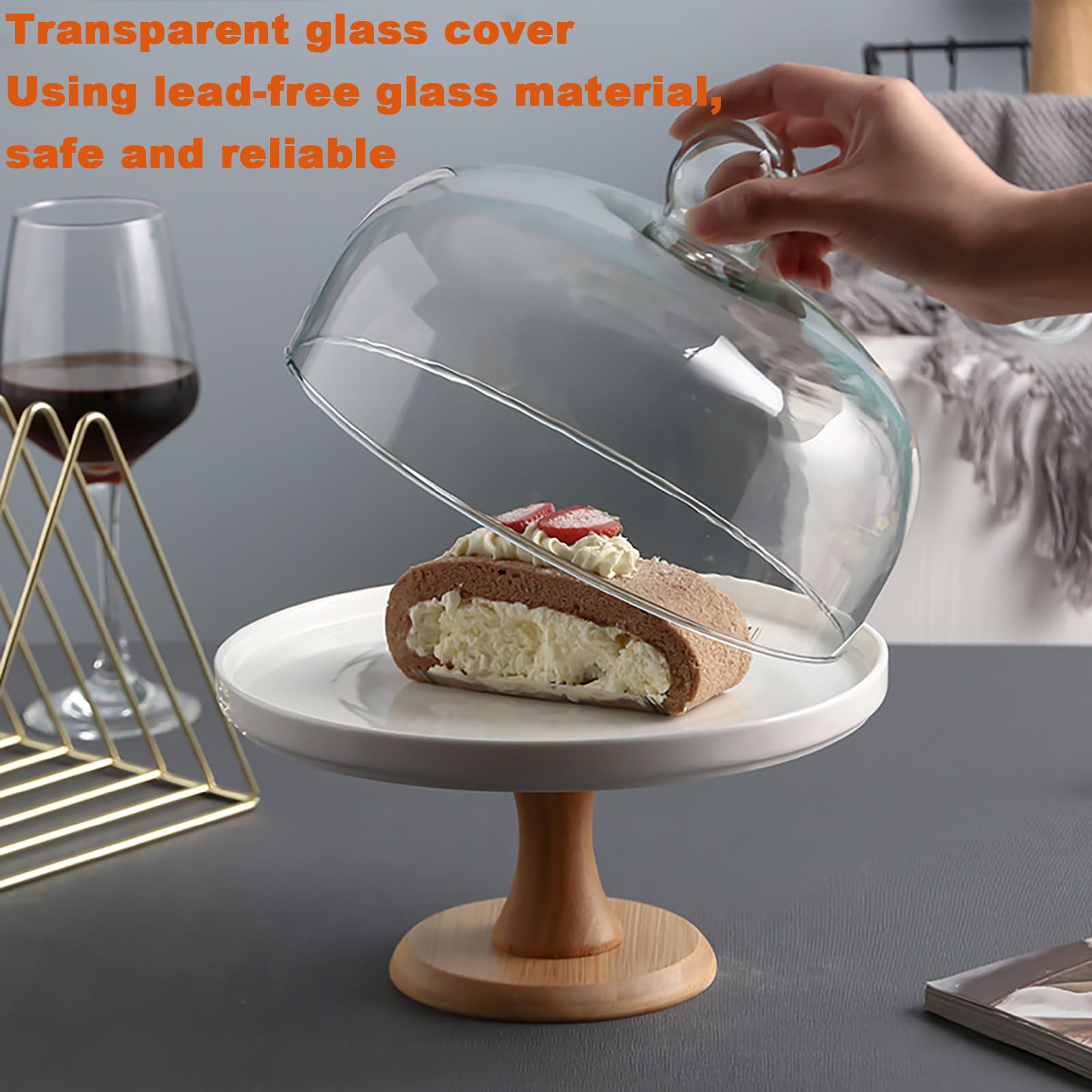 Dxcaicc Alzata per Torte con Coperchio A Cupola, Piatto per Torta in Legno di Acacia con Coperchio, Espositore per Torte in Legno con Cupola in Vetro,29cm with Lid