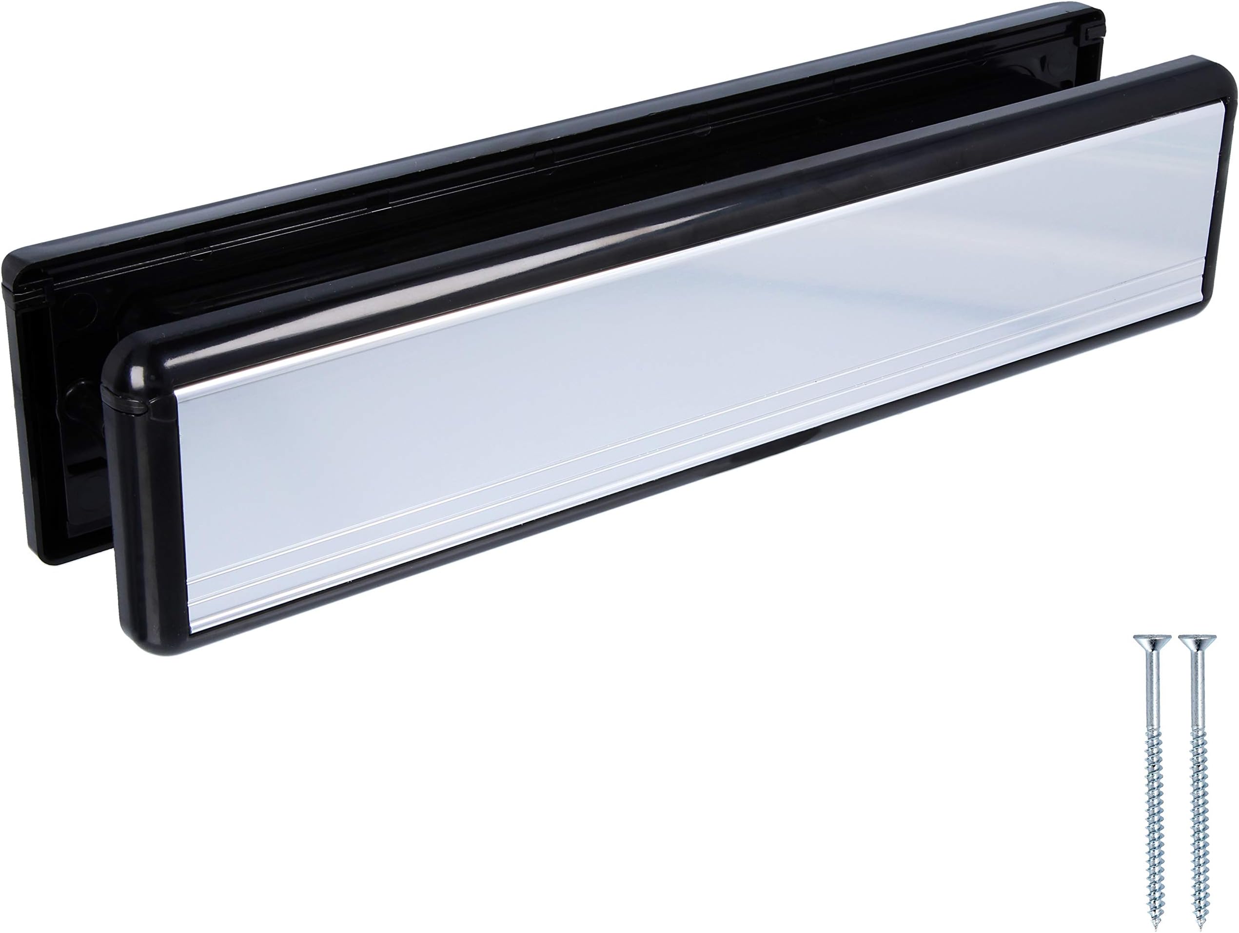 Yale 12" Chrome with Black Trim Weatherproof Letterbox Plate with Draught Excluder Brush & Sprung Flaps Universal UPVC Front Door Post Box