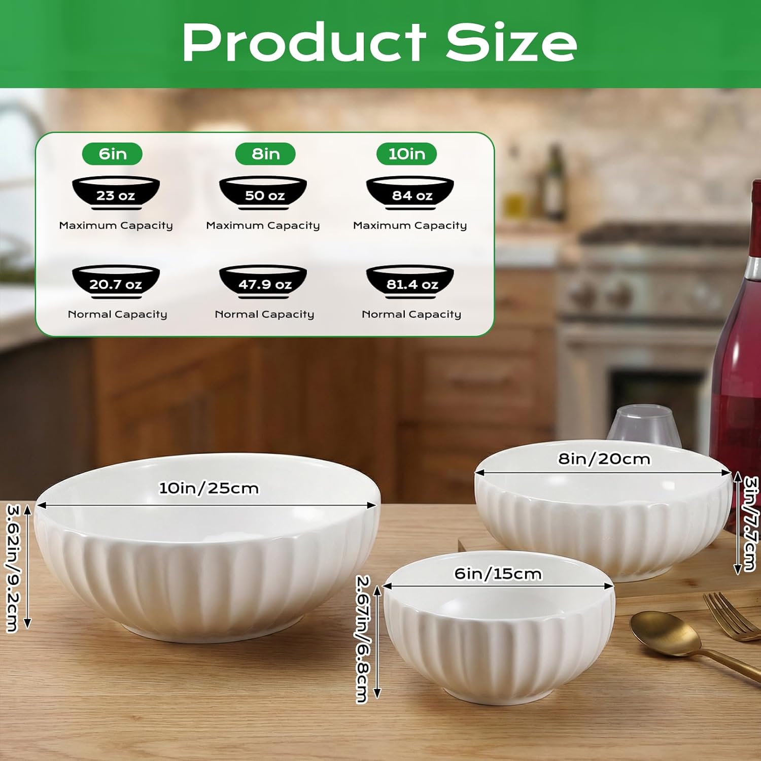 Jeffbaubl 3 Piece Serving Bowls, Ceramic White Nesting Bowls, Large Salad Bowl for Cooking, Baking, Salad, Pasta, Kitchen, Party, Dinner, Modern Space Saving Design,Oven & Microwave Safe(10/8/6 inch)