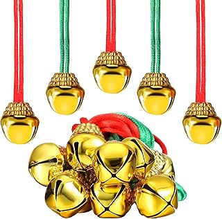 Gejoy 48 Pieces Christmas Bell Necklace for Kid Gold Jingle Necklace Bulk Christmas Holiday Necklaces with Rope Santa Bell Necklace for Craft Christmas Party Supplies, Red and Green Cords (12 Pieces)