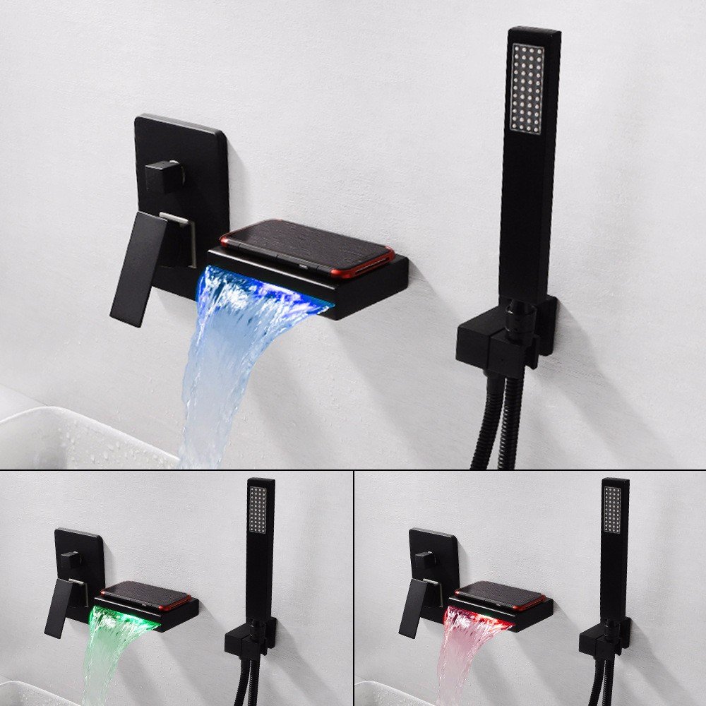 Modern LED in-wall type luminous bathtub faucet waterfall outlet hot and cold water ceramic valve three holes single handle hand bathroom basin faucet black color LED