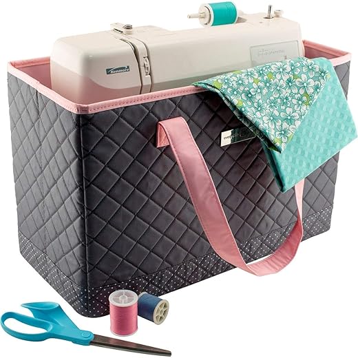 Everything Mary Deluxe Quilted Pink & Grey Sewing Machine Carrying Case - Sewing Machine Cover Case Tote Bag for Brother, Singer, Standard Size Machines - Sewing Bag with Handles for Travel