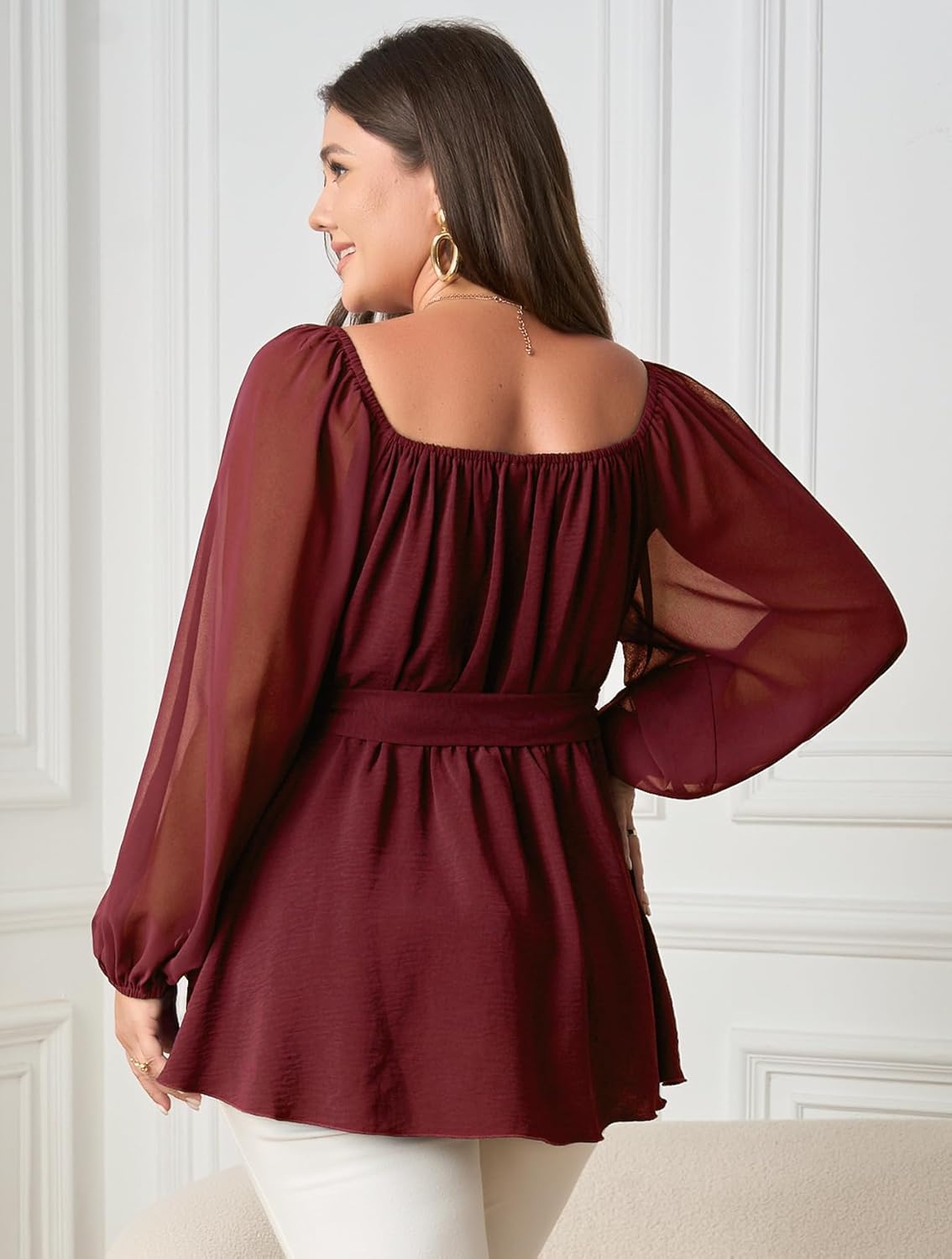 SCOMCHIC Womens Plus Size Peplum Tops Long Sleeve Square Neck Blouse Ruffle Hem Tie Waist Babydoll Top - Image 6