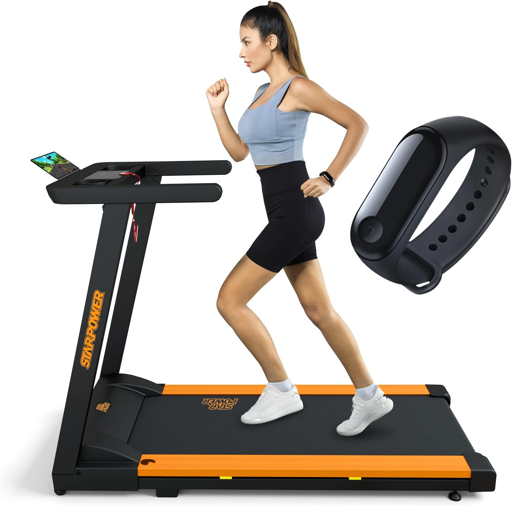 Smart Folding Treadmill with APP Bracelet, Portable Treadmill Foldable with 300 lb Capacity, 3 HP Compact Treadmill for Small Space