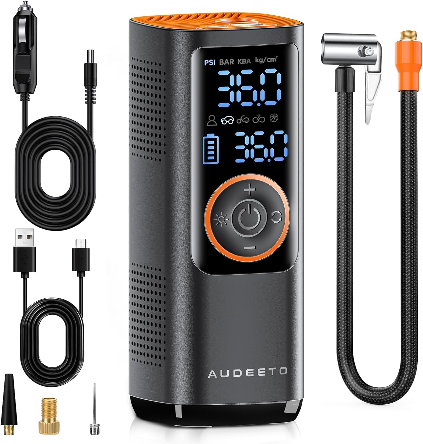 AUDEETO Tire Inflator Portable Air Compressor-150PSI Air Pump 5X Faster Inflation with 7800mAh Battery, Cordless Air Pump for Car Tires with LCD Dual Screen for Car, Motorcycle, Bicycle and Ball