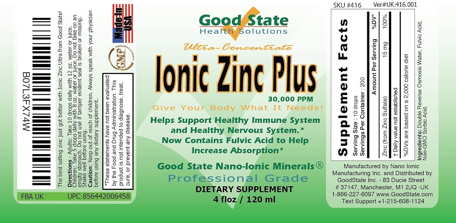 Good State Liquid Ionic Zinc Plus - Ultra Concentrate (10 Drops Equal 15 mg - 200 Servings per Bottle)