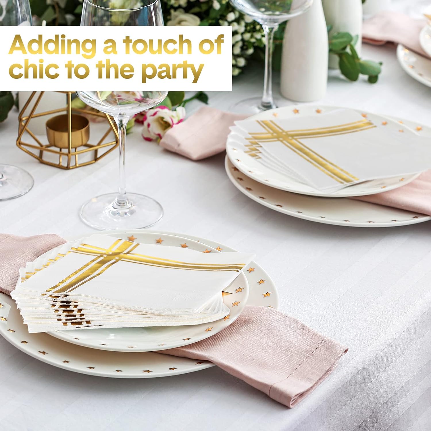 400 Pcs Gold Napkins 3 Ply Cocktail Napkins Folded 5 x 5 Inch Bar Foil Trim Stripe Paper Disposable Beverage Party Decorations for Wedding Baby Shower Birthday Formal Dinner(White and Gold)