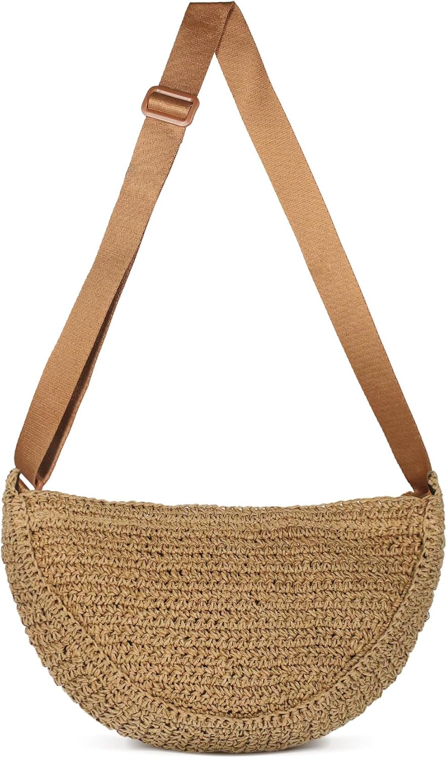 Straw crossbody bag for summer, woven beach handbag, adjustable strap.