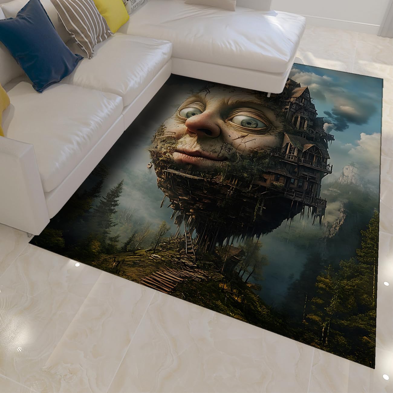 Dywan o wymiarach 140 x 200 cm, zmywalny, fantazyjna wyspa twarzy, niski