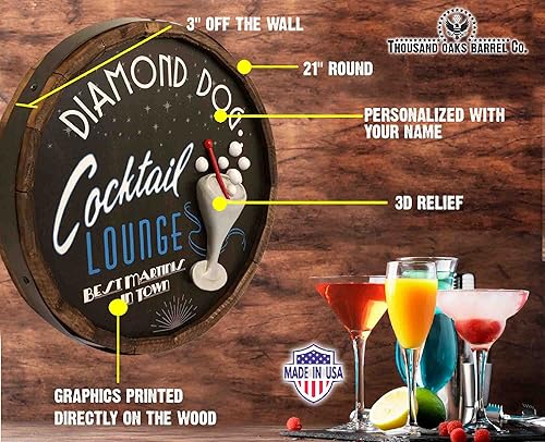 Vista 318 de THOUSAND OAKS BARREL CO. Personaliza el letrero de un cuarto de barril con cócteles de gato negro, barril de vino hecho de madera de roble de alta